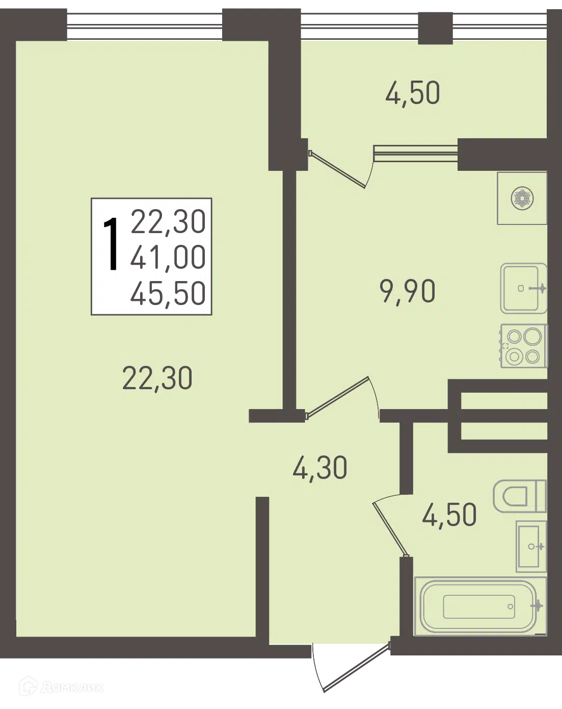 Планировка: 1-комн. квартира 45.50 м² в новостройке Югге