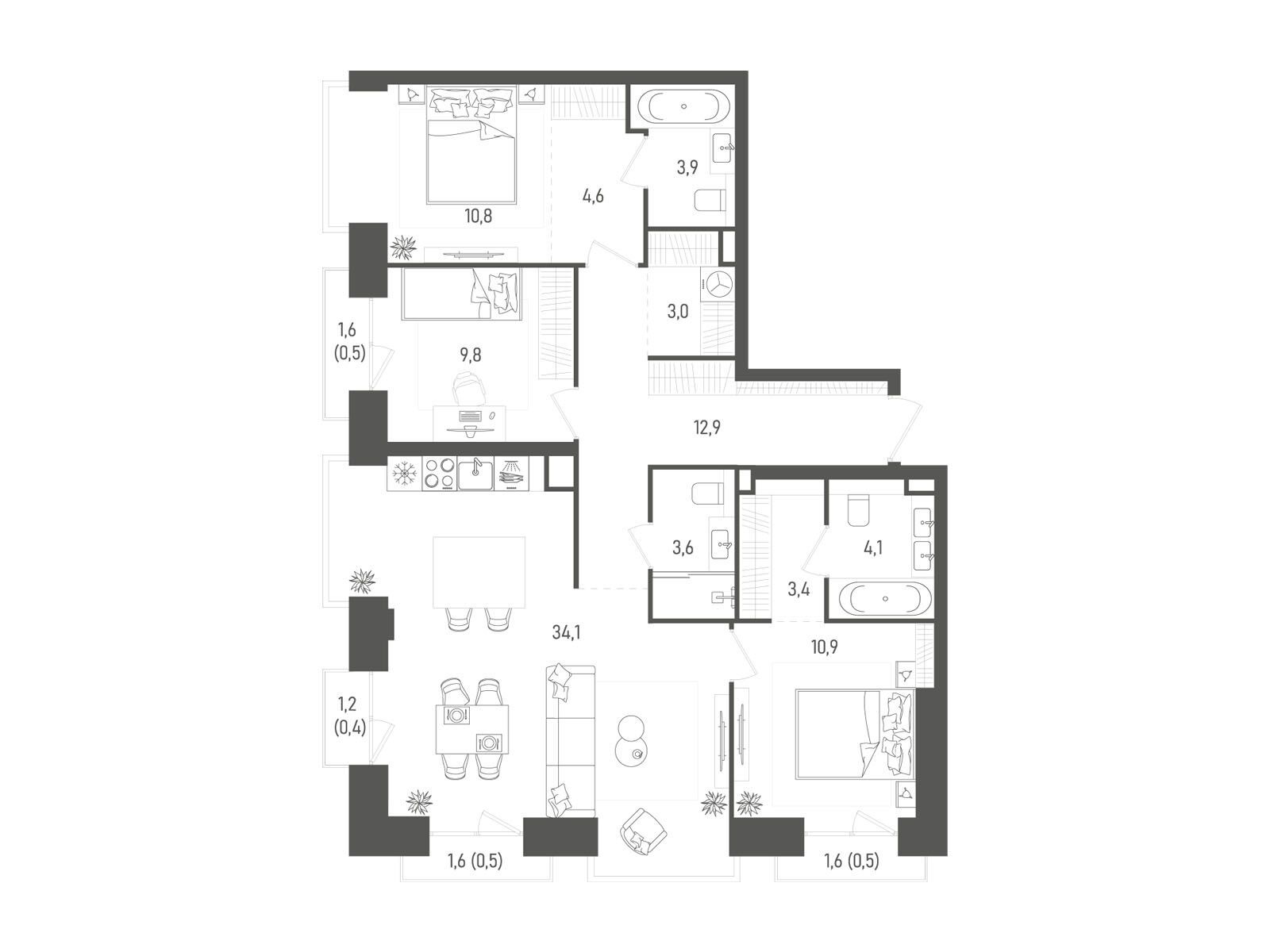 Планировка: 3-комн. квартира 103.00 м² в новостройке Татум