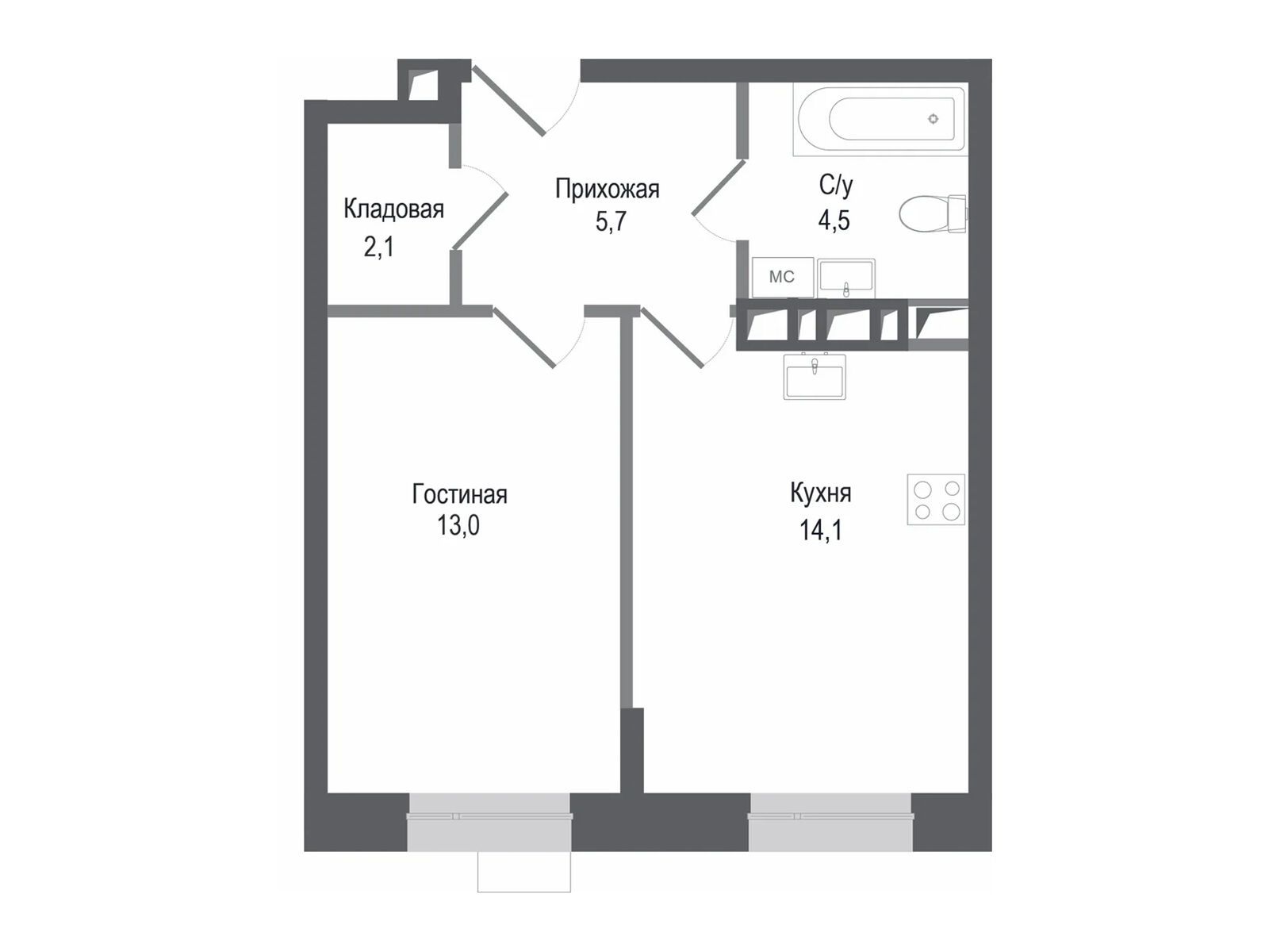 Планировка: 1-комн. квартира 39.40 м² в новостройке Киноквартал