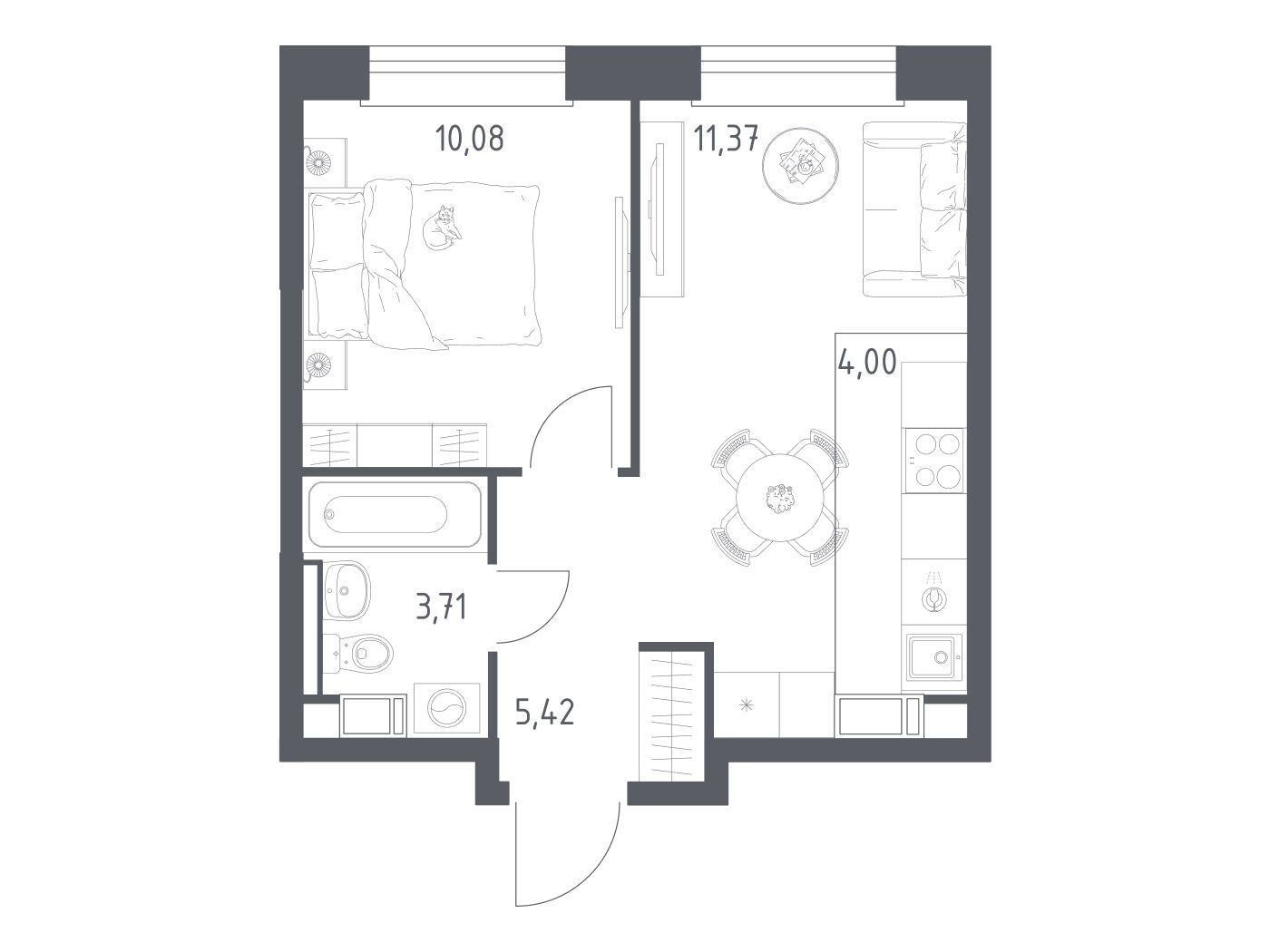 Планировка: 1-комн. квартира 34.58 м² в новостройке Эко Бунино