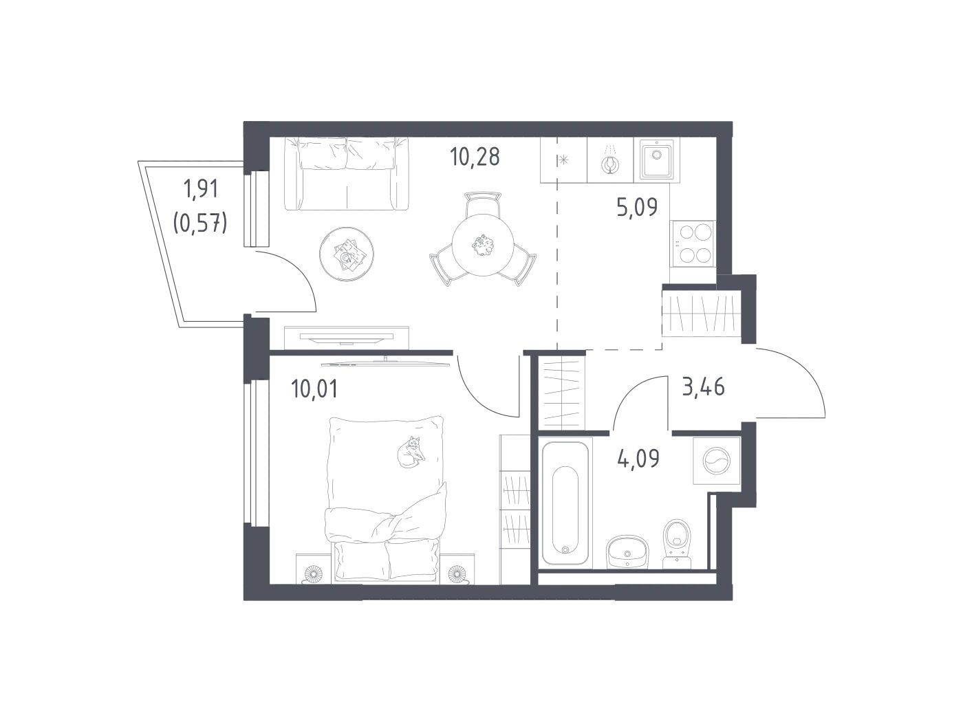 Планировка: 2-комн. квартира 33.50 м² в новостройке Егорово Парк