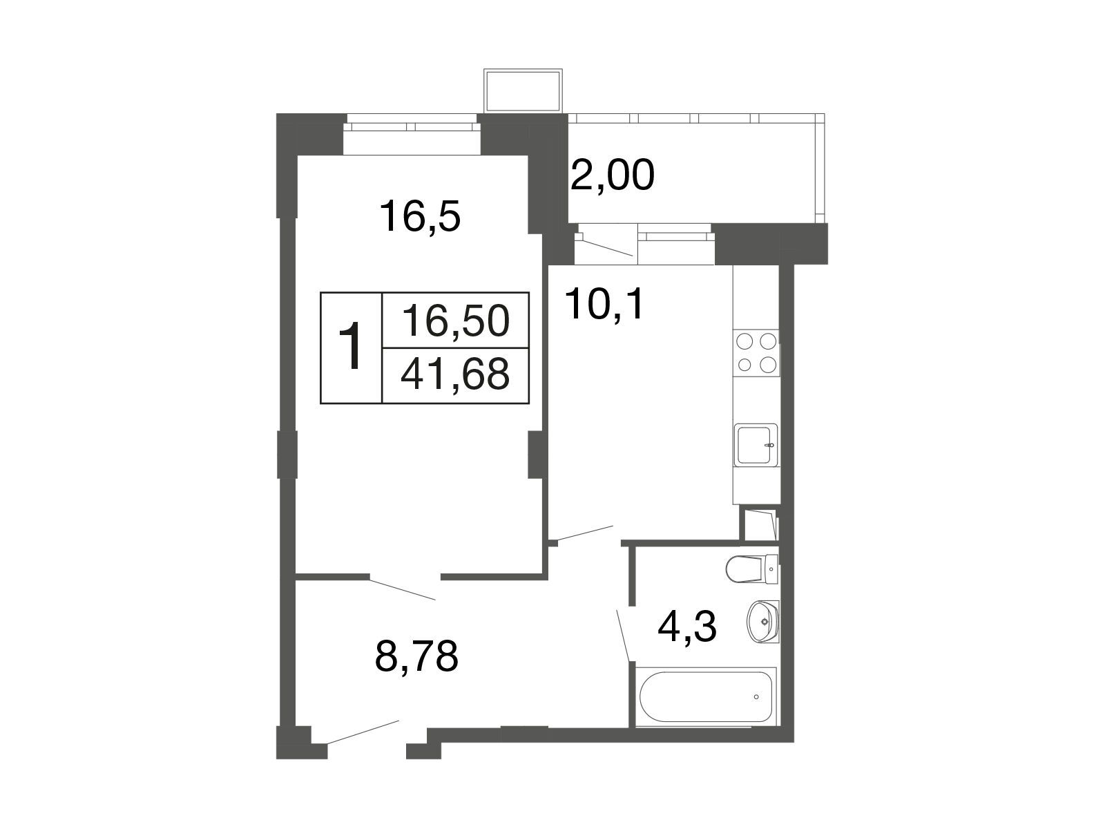 Планировка: 1-комн. квартира 41.60 м² в новостройке ЖК Времена года (Апрелевка)
