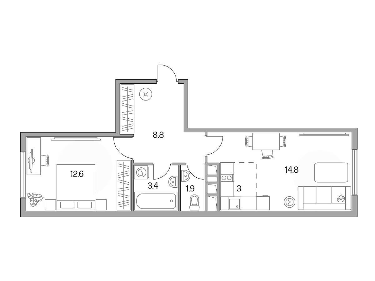 Планировка: 2-комн. квартира 44.50 м² в новостройке ЖК Бригантина