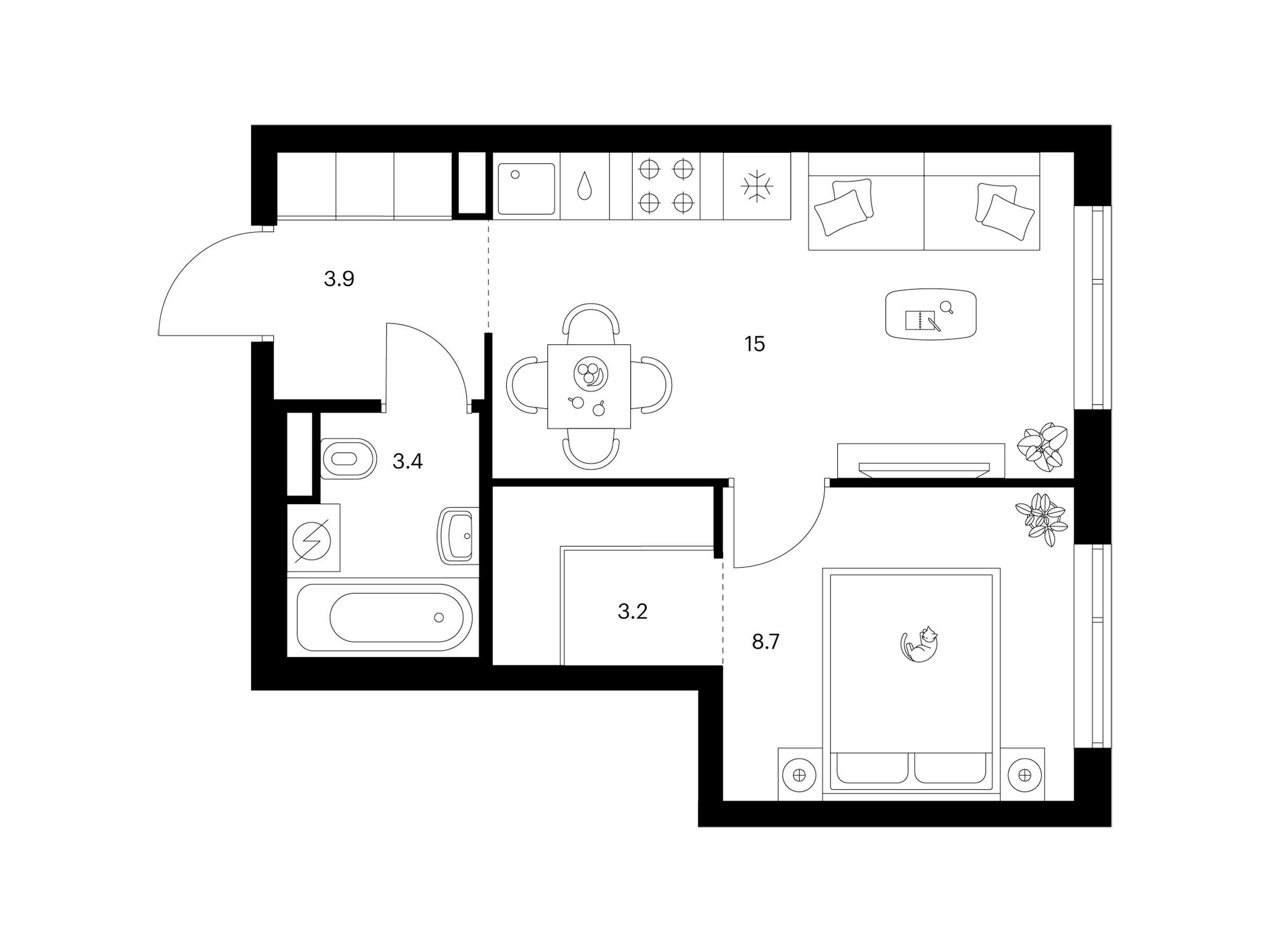 Планировка: 1-комн. квартира 34.20 м² в новостройке Бунинская набережная