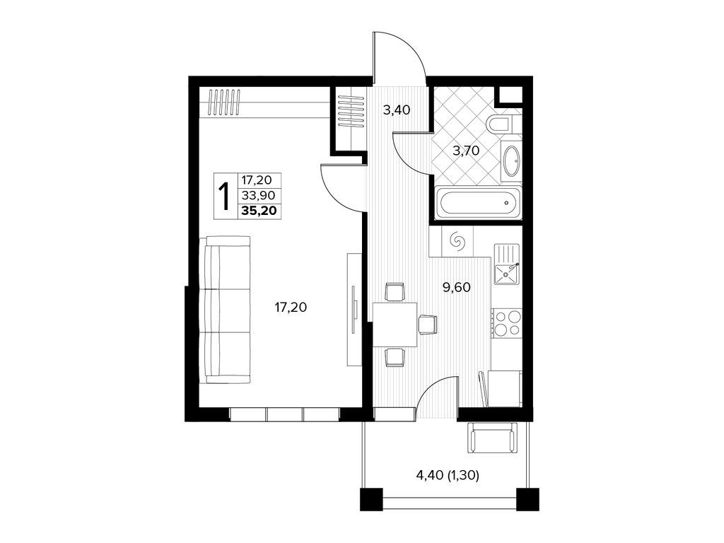 Планировка: 1-комн. квартира 35.20 м² в новостройке ЖК Кипарис