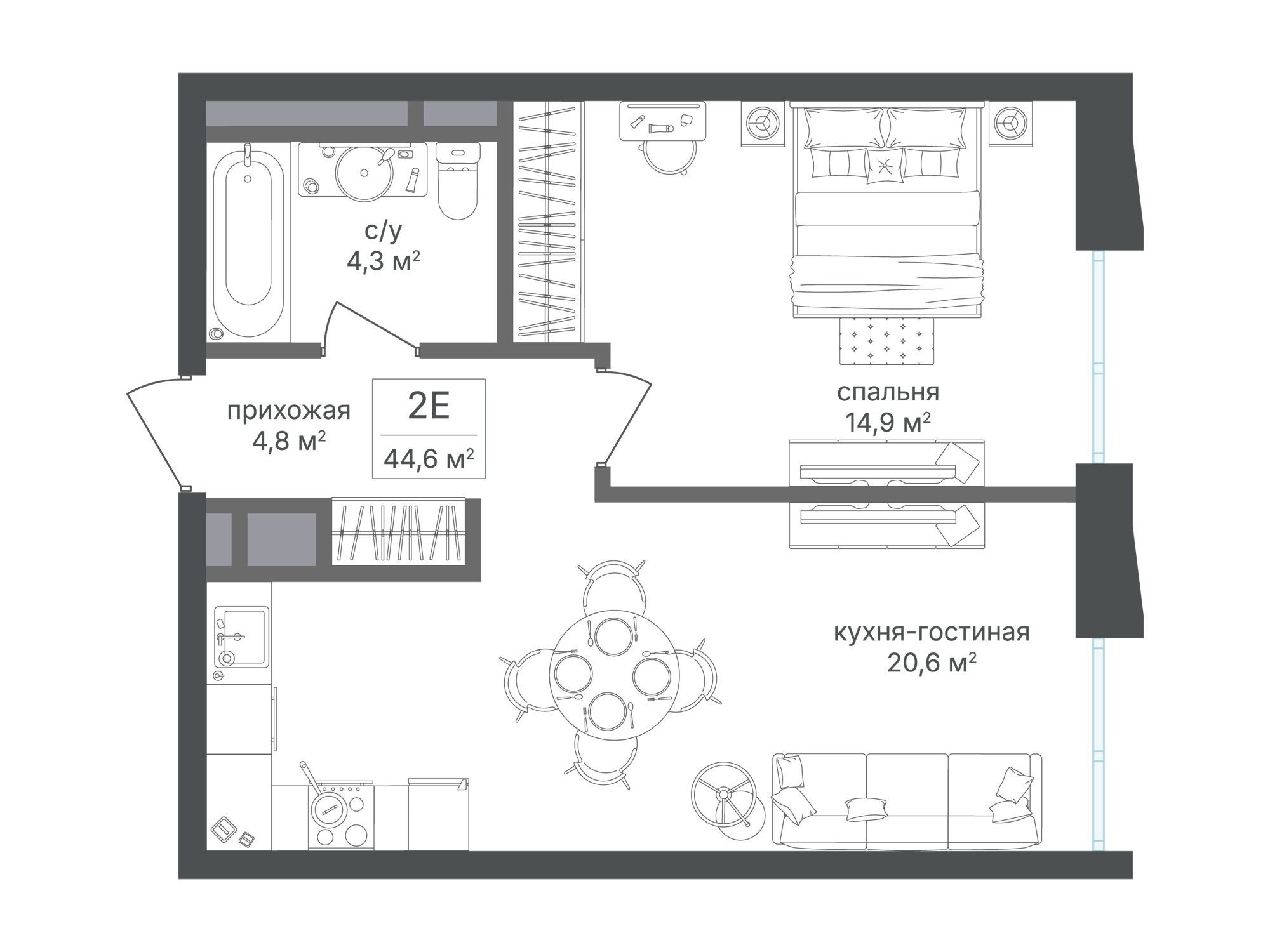 Планировка: 1-комн. квартира 44.80 м² в новостройке Семеновский парк 2