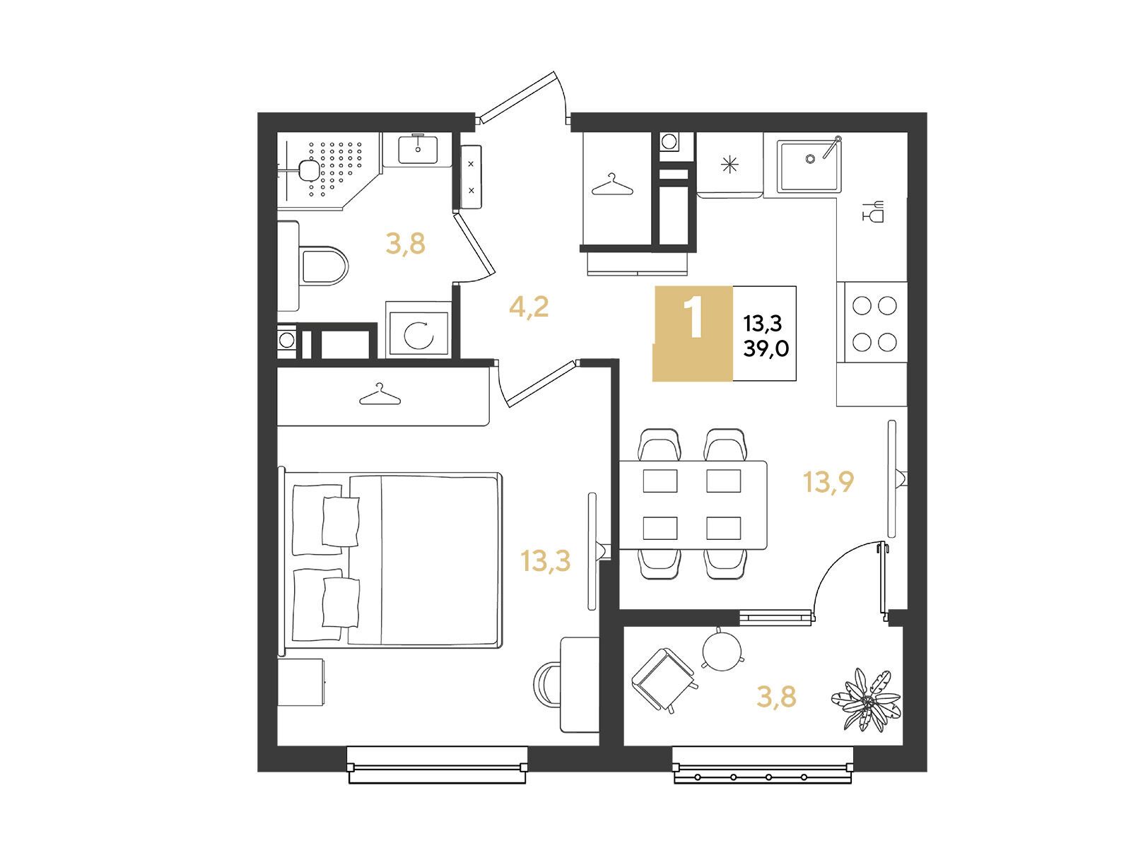 Планировка: 1-комн. квартира 39.00 м² в новостройке Ридз