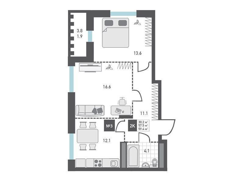 Планировка: 2-комн. квартира 59.40 м² в новостройке Зеленоград Ривьера