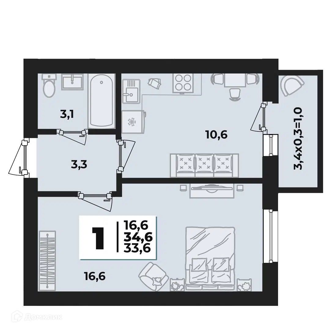 Планировка: 1-комн. квартира 34.60 м² в новостройке ЖК Дарград