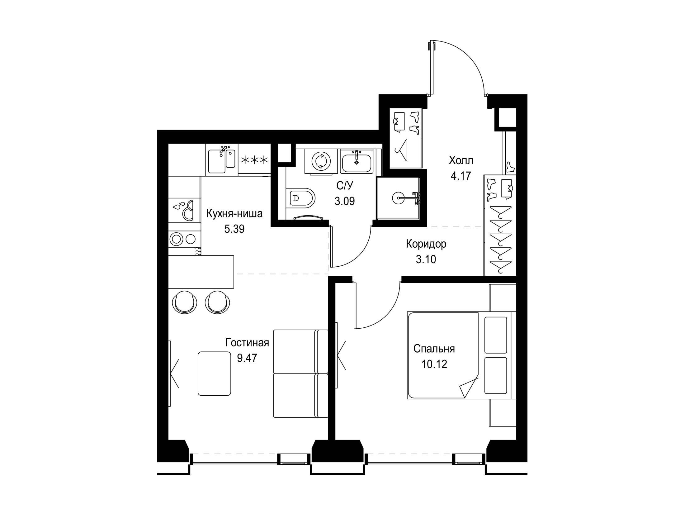 Планировка: 1-комн. квартира 35.34 м² в новостройке Сет