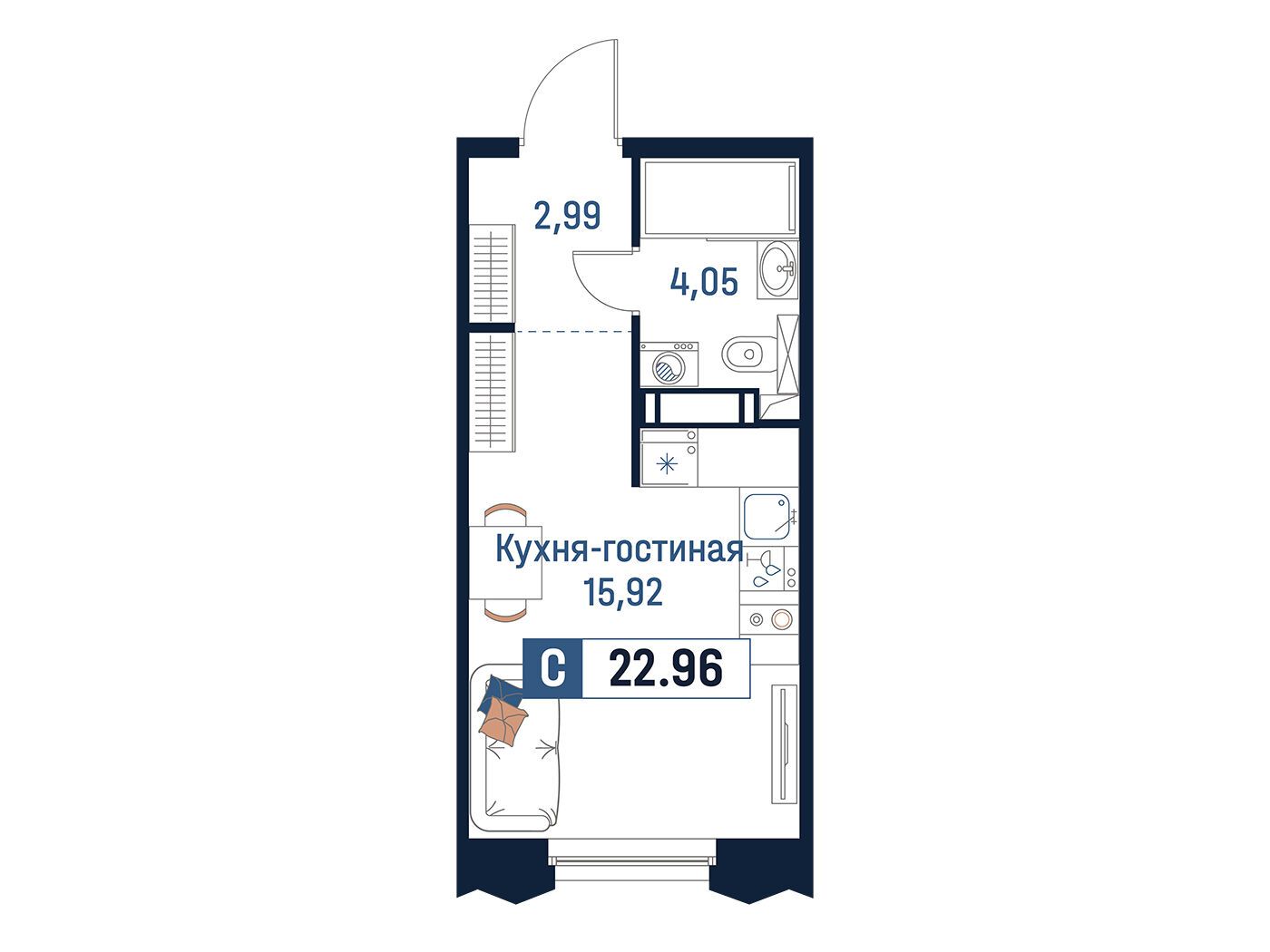 Планировка: Студия 22.96 м² в новостройке Максималист