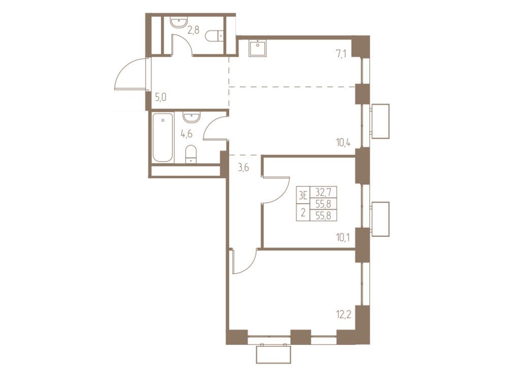 Планировка: 3-комн. квартира 55.80 м² в новостройке Фабрикант
