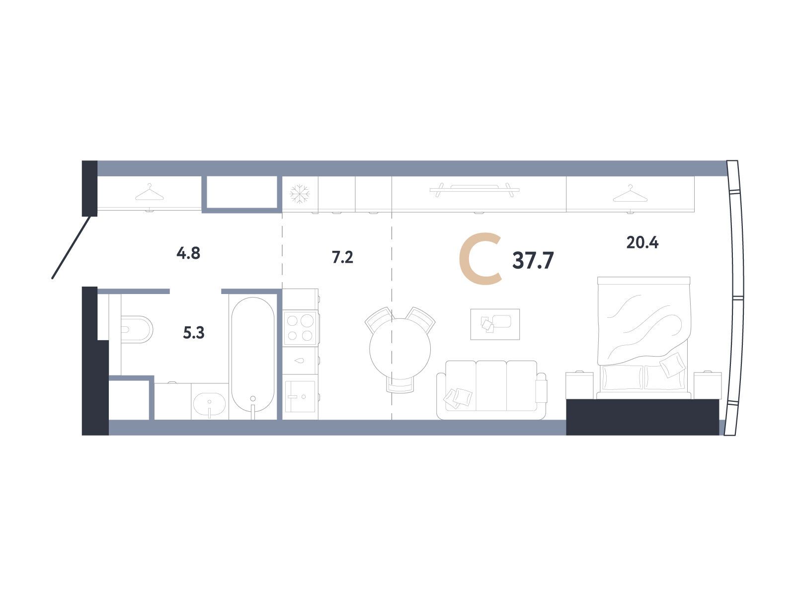 Планировка: Студия 37.70 м² в новостройке Аурус Резиденции