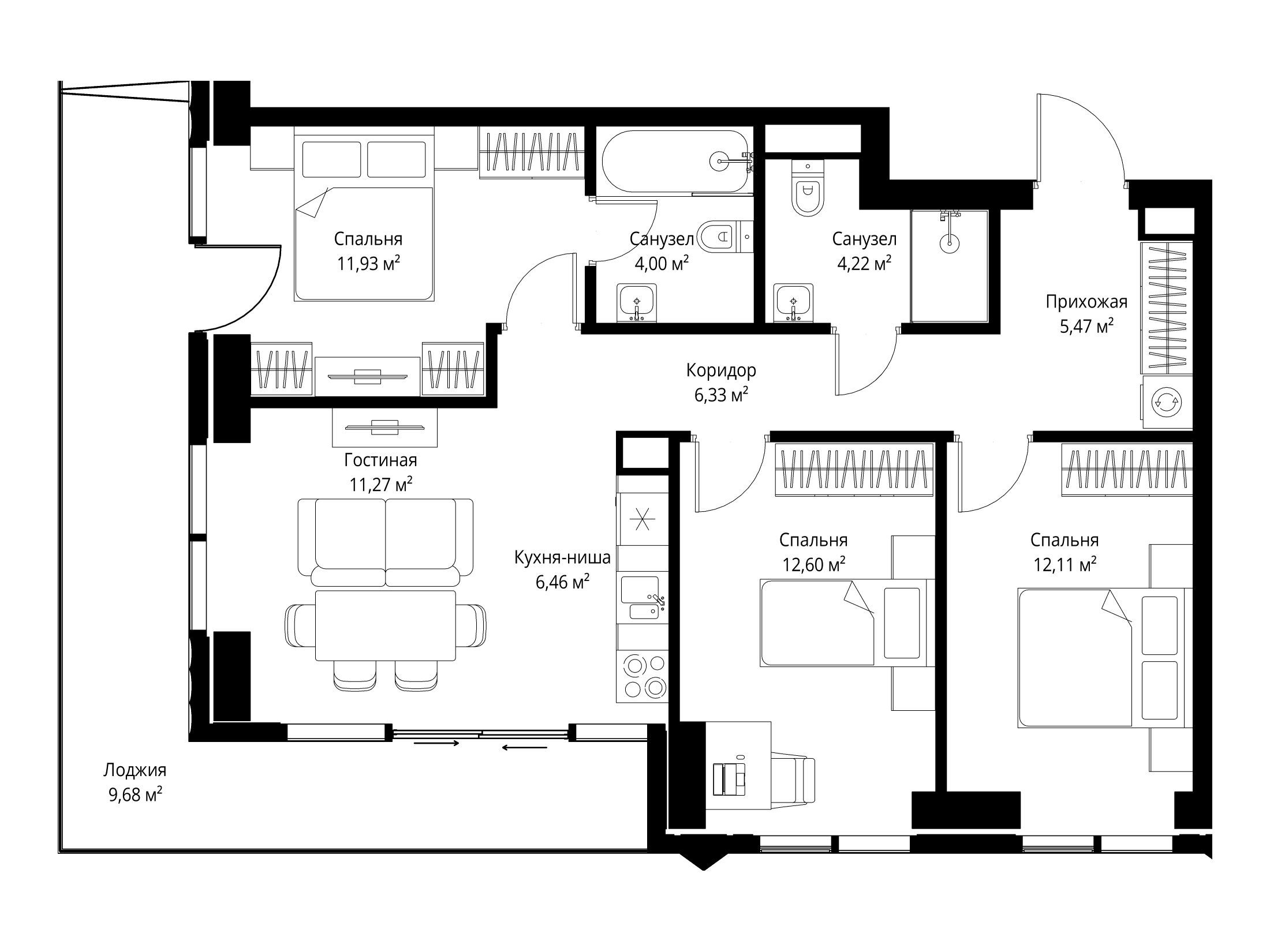 Планировка: 3-комн. квартира 84.07 м² в новостройке Джойс