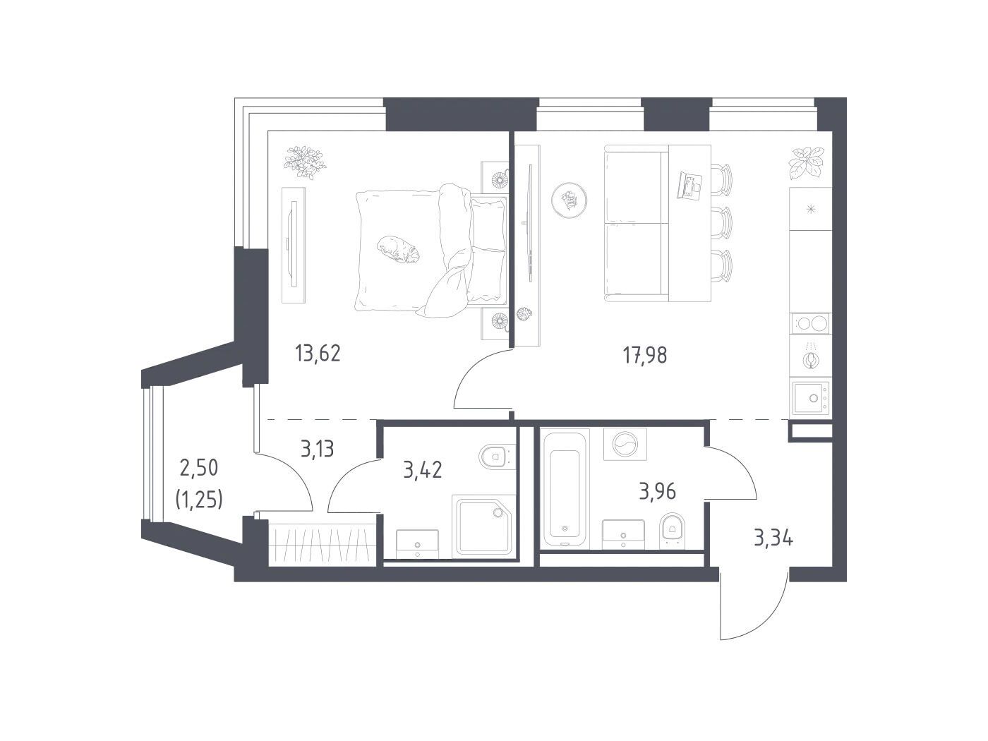 Планировка: 1-комн. квартира 46.70 м² в новостройке Литературный Квартал
