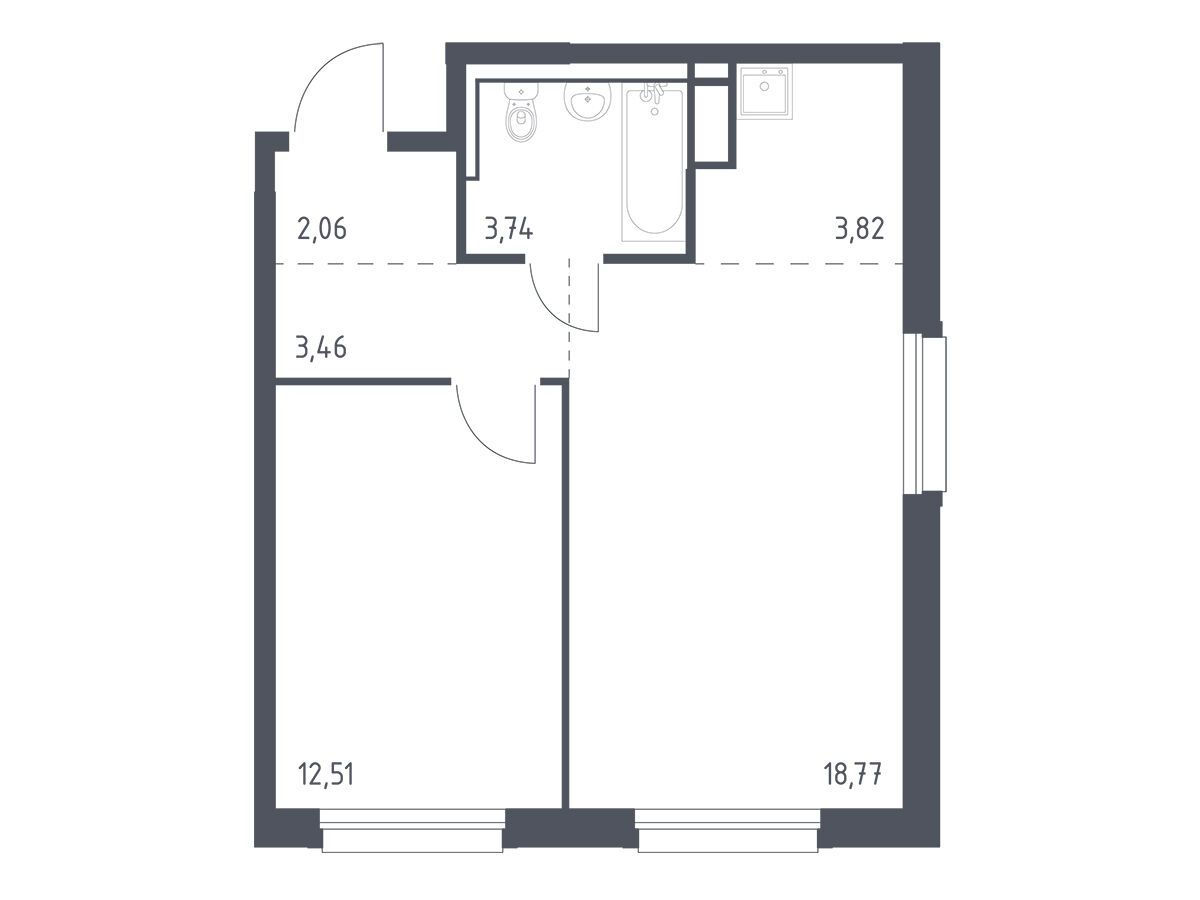 Планировка: 1-комн. квартира 44.36 м² в новостройке Новые Лаврики