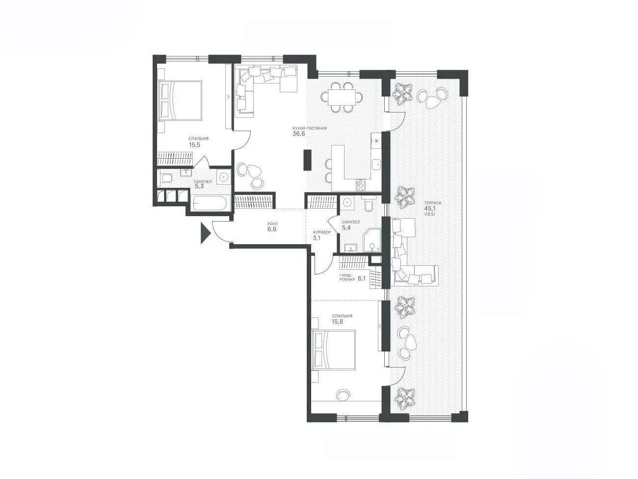 Планировка: 2-комн. квартира 77.03 м² в новостройке Крылатская 33
