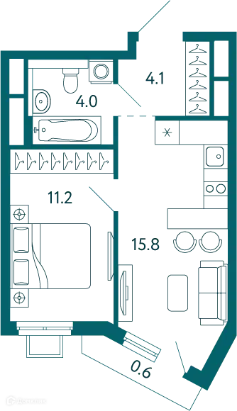 Планировка: 1-комн. квартира 35.70 м² в новостройке Дом у моря