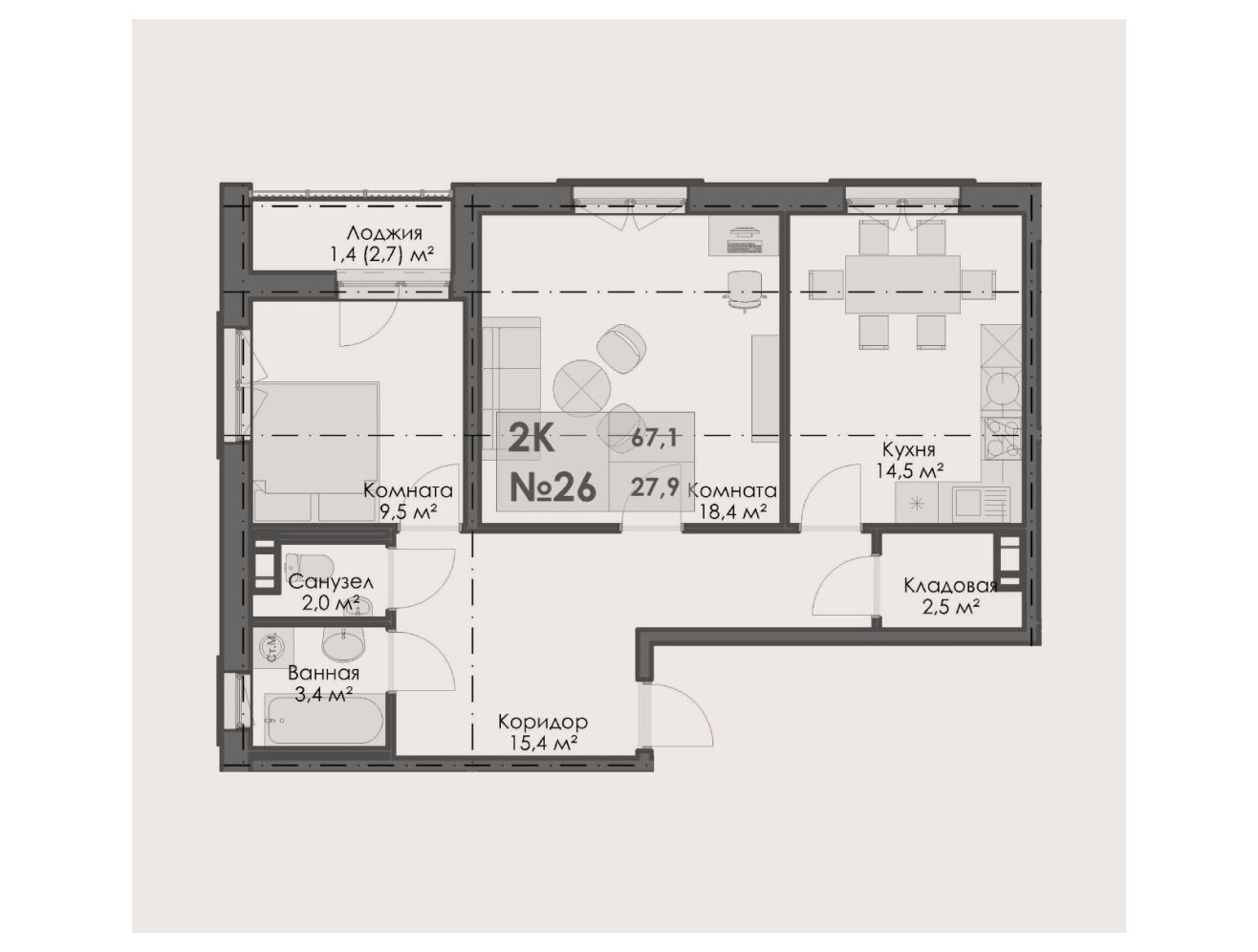 Планировка: 2-комн. квартира 67.10 м² в новостройке На Большом Смоленском