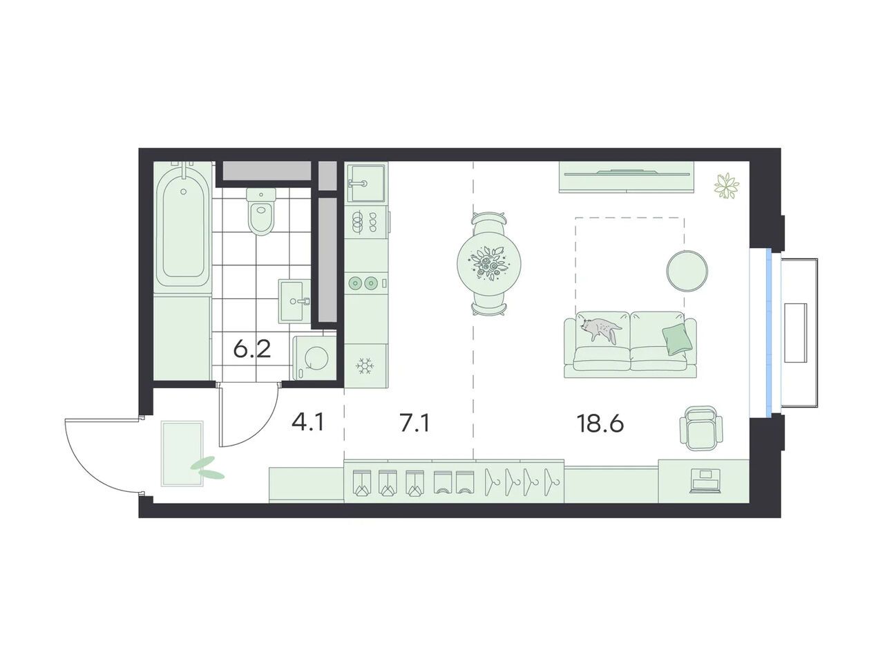 Планировка: Студия 36.00 м² в новостройке Джи Три Михалевич