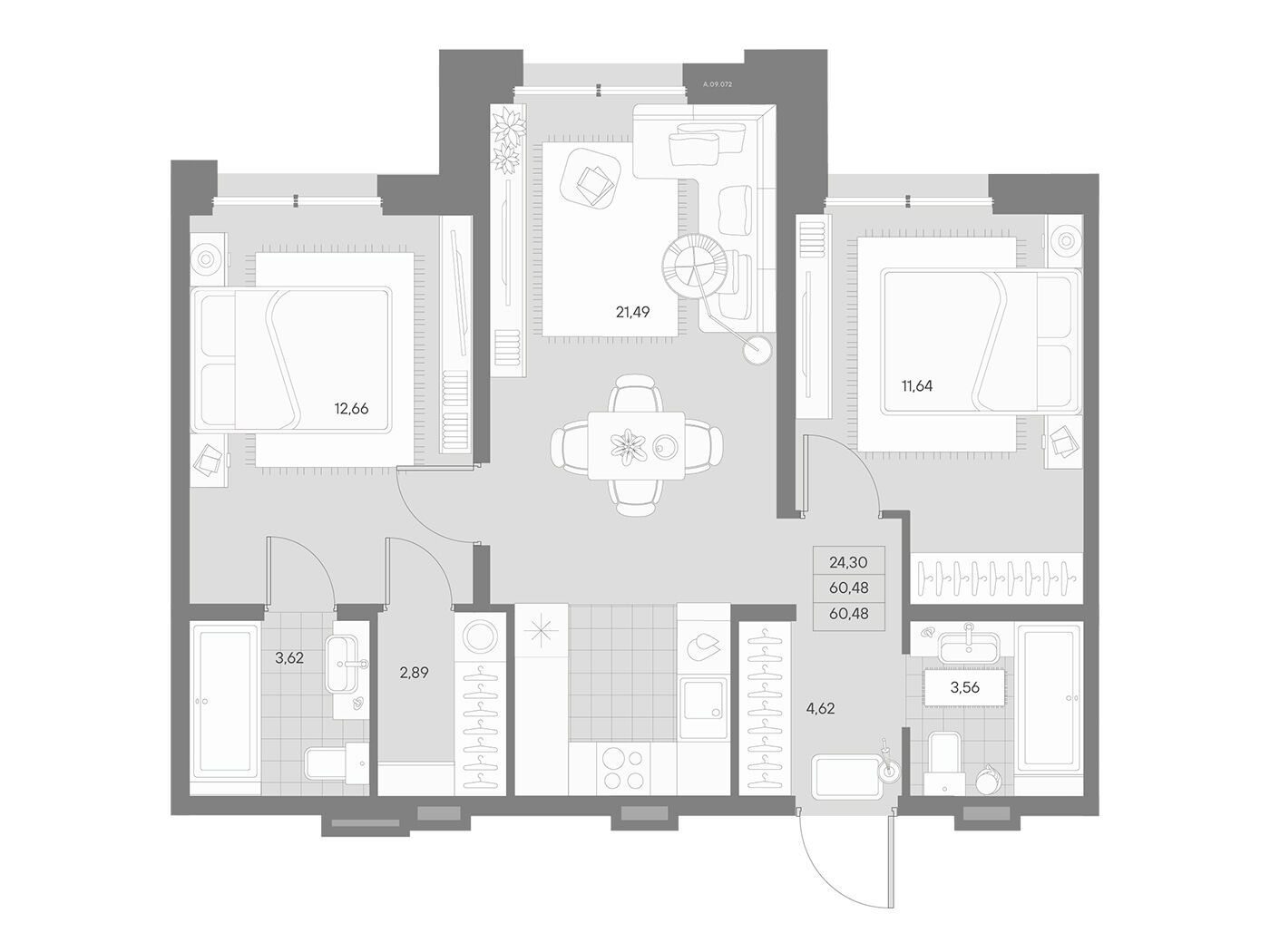 Планировка: 2-комн. квартира 60.48 м² в новостройке Альпен