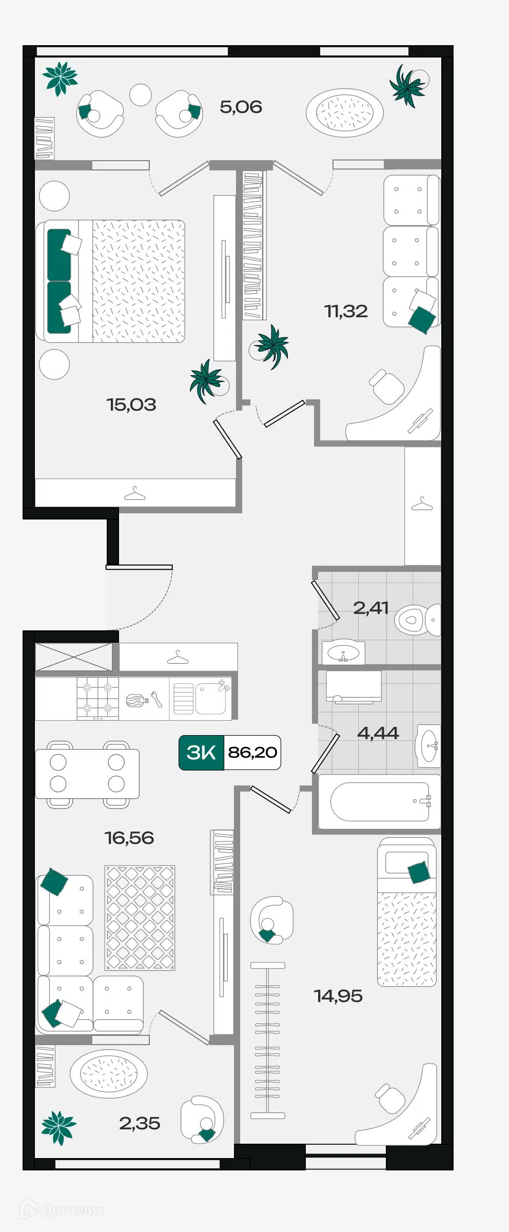 Планировка: 1-комн. квартира 36.15 м² в новостройке Народные Кварталы