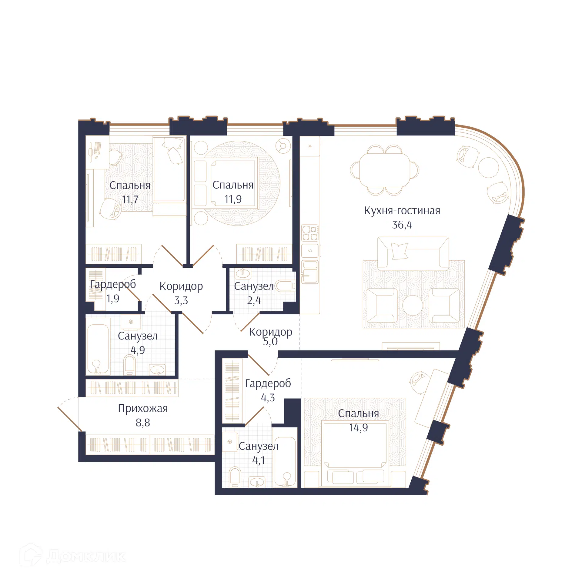 Планировка: 3-комн. квартира 109.60 м² в новостройке Брют Резиденс