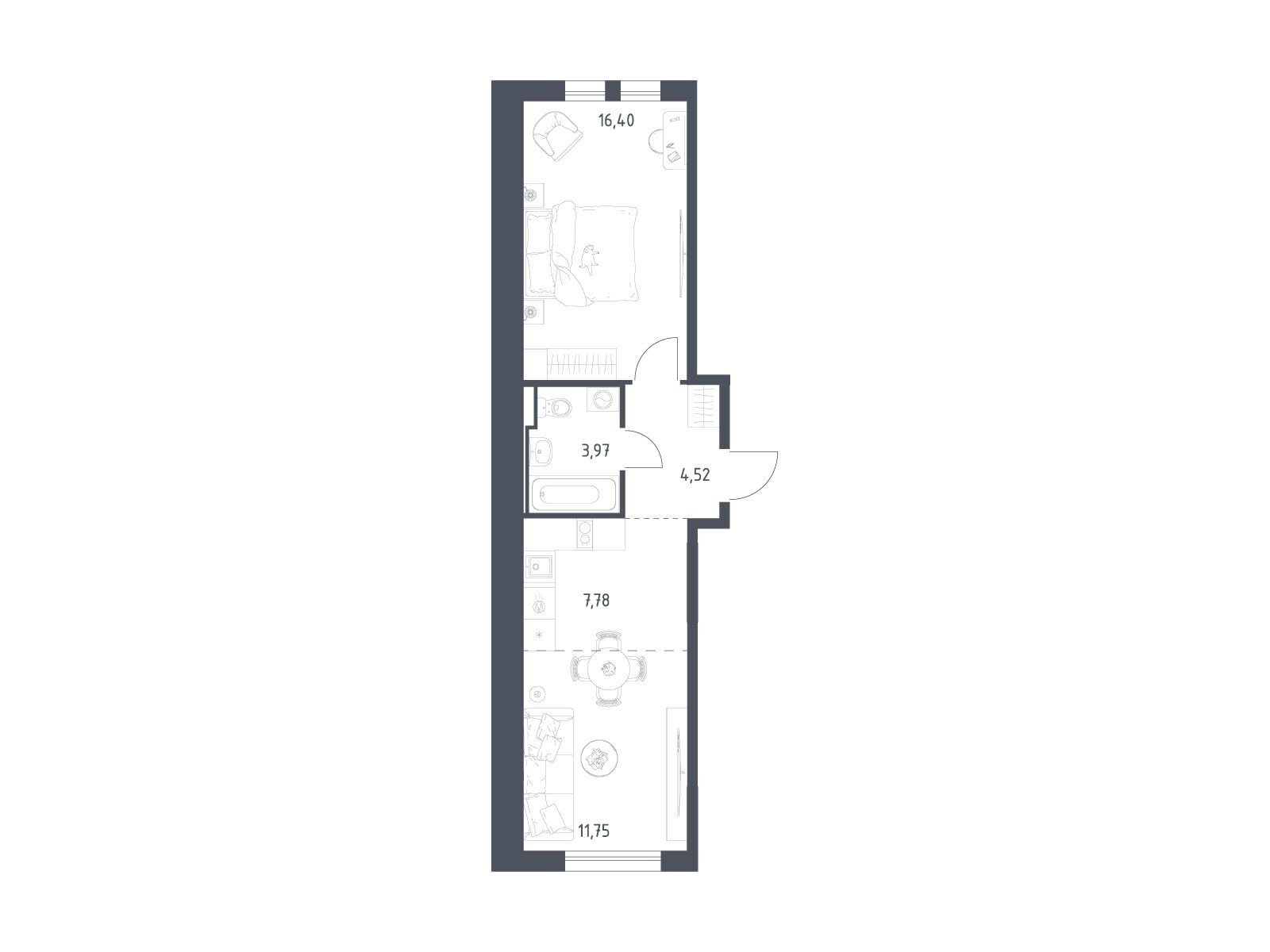 Планировка: 1-комн. квартира 44.42 м² в новостройке Остафьево