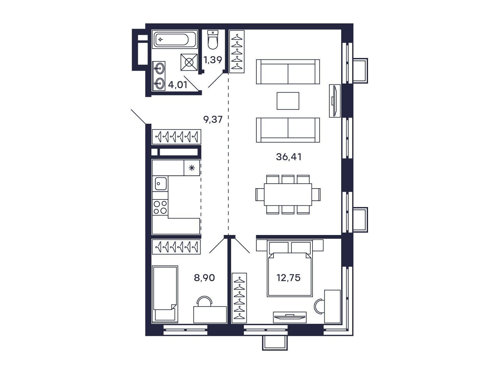Планировка: 2-комн. квартира 72.82 м² в новостройке Тетрис