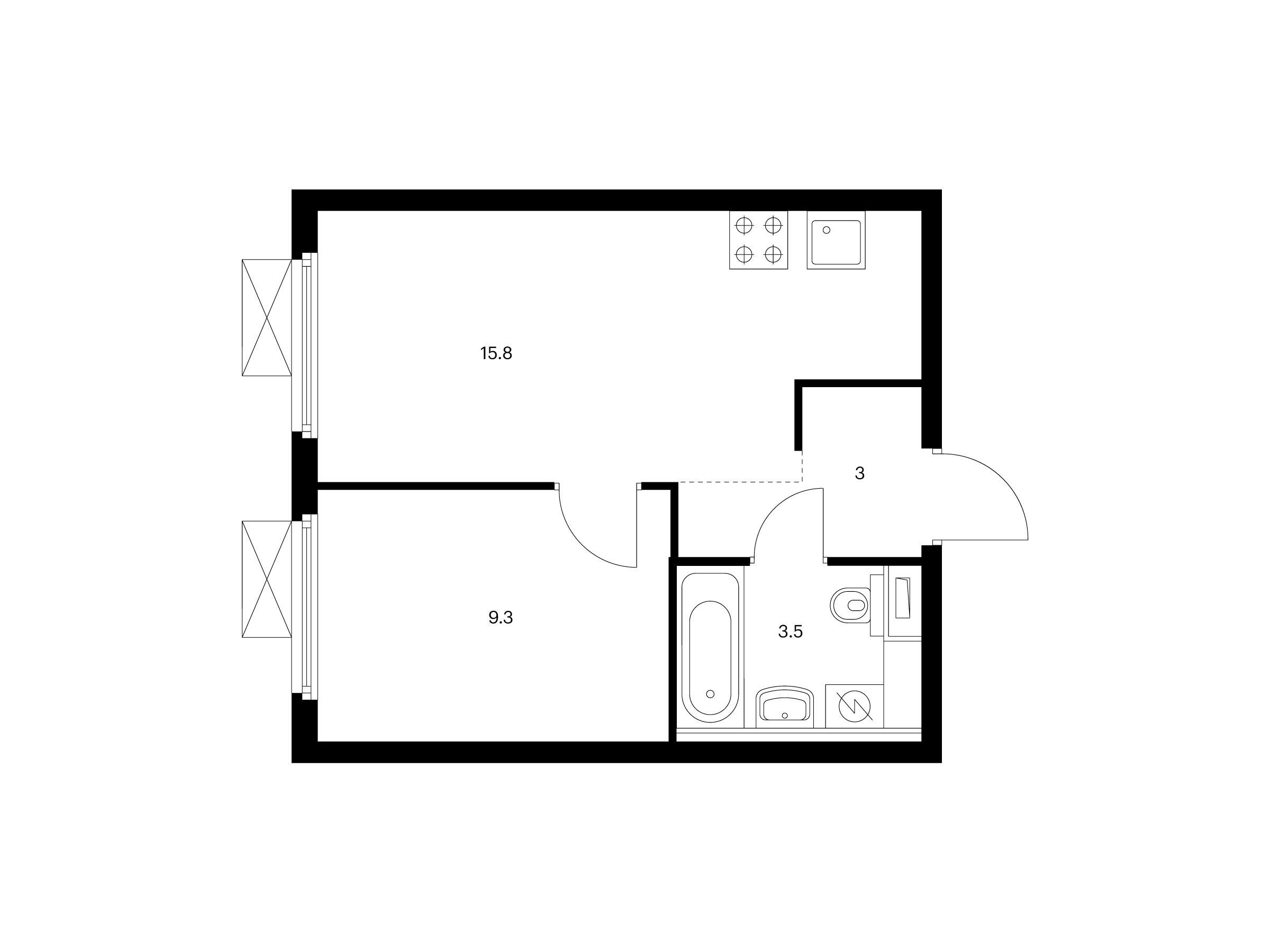 Планировка: 1-комн. квартира 31.60 м² в новостройке Первый Дубровский