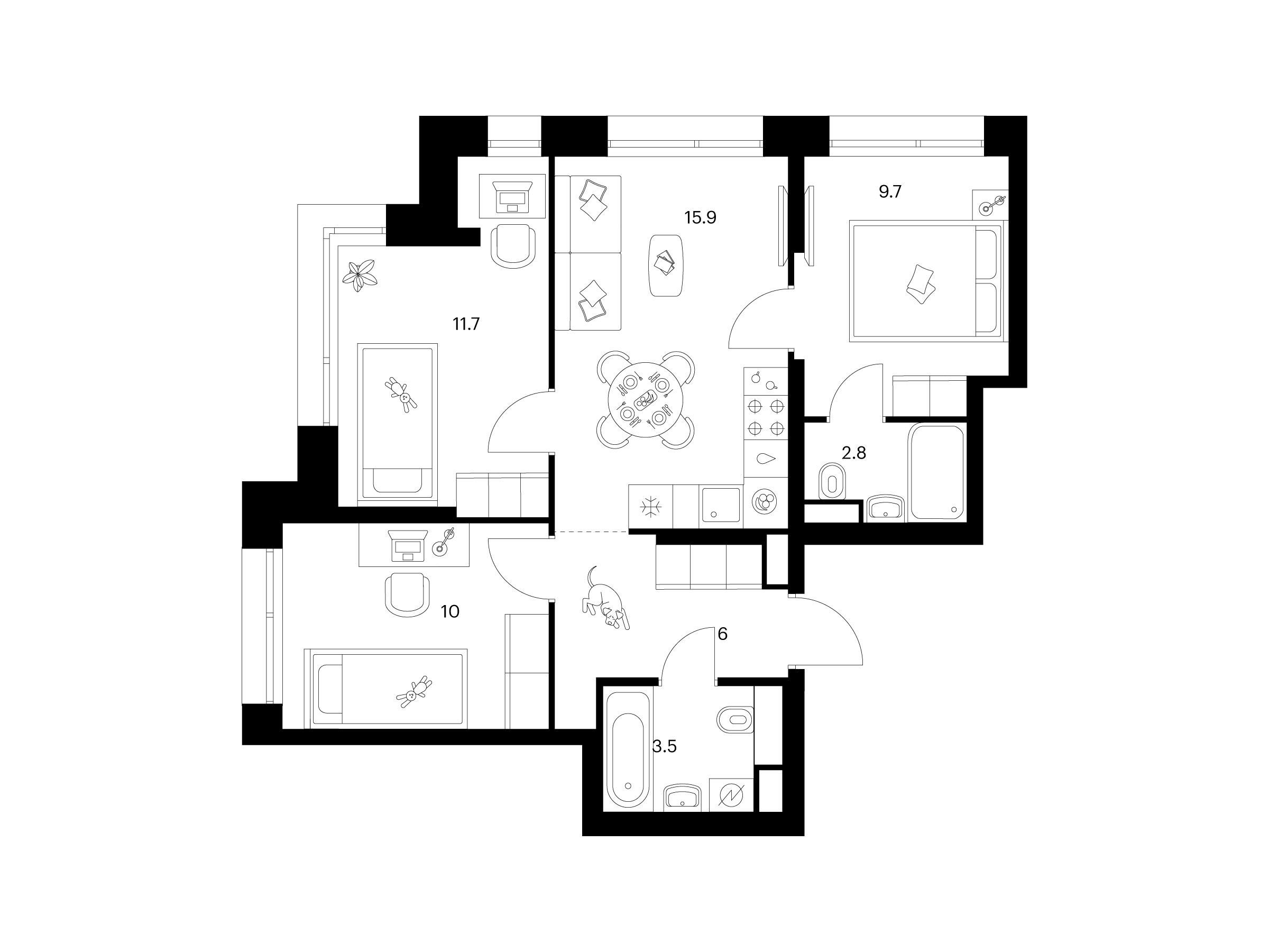 Планировка: 3-комн. квартира 59.60 м² в новостройке Строгино 360