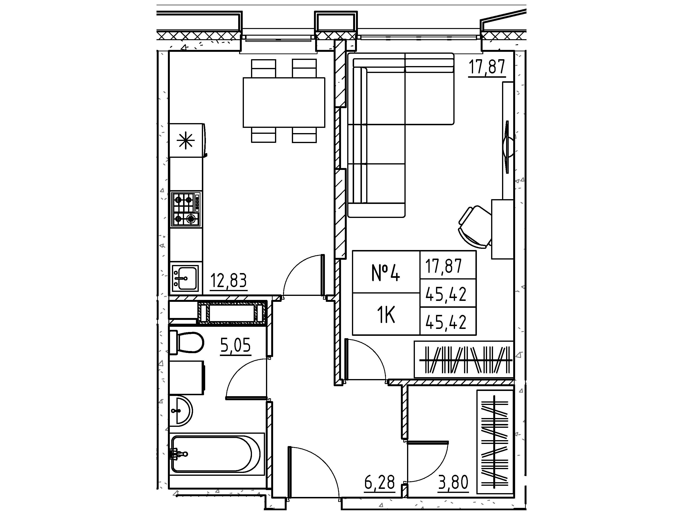 Планировка: Студия 45.42 м² в новостройке Бруно