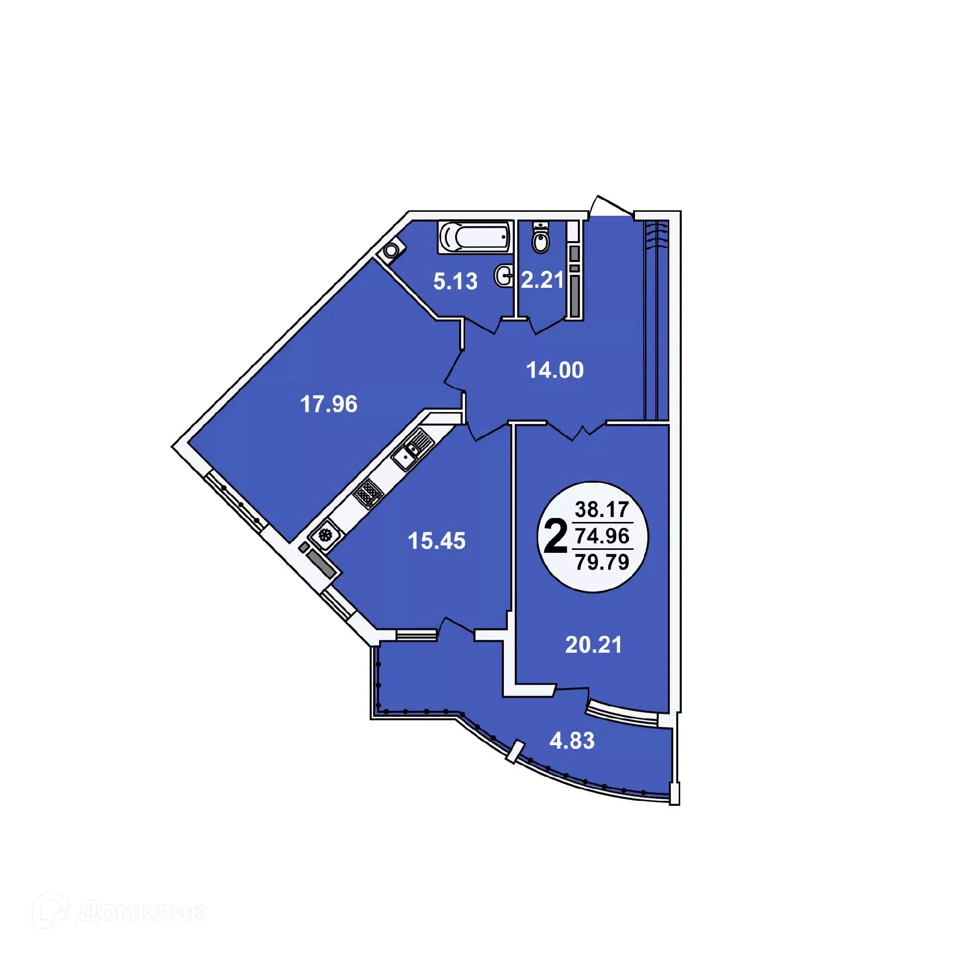 Планировка: 2-комн. квартира 79.79 м² в новостройке Краснодар Сити