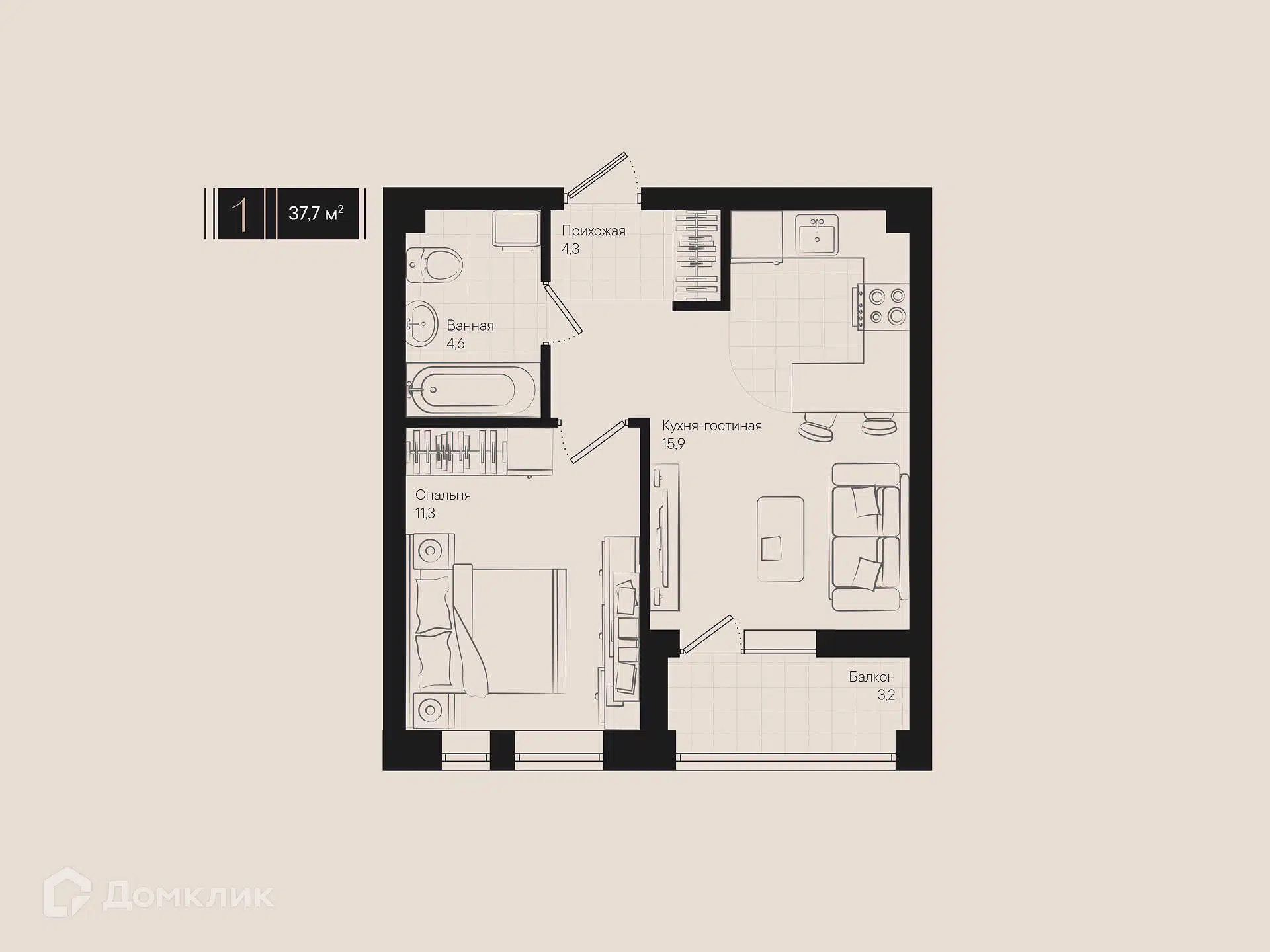 Планировка: 1-комн. квартира 37.70 м² в новостройке Эрмитаж
