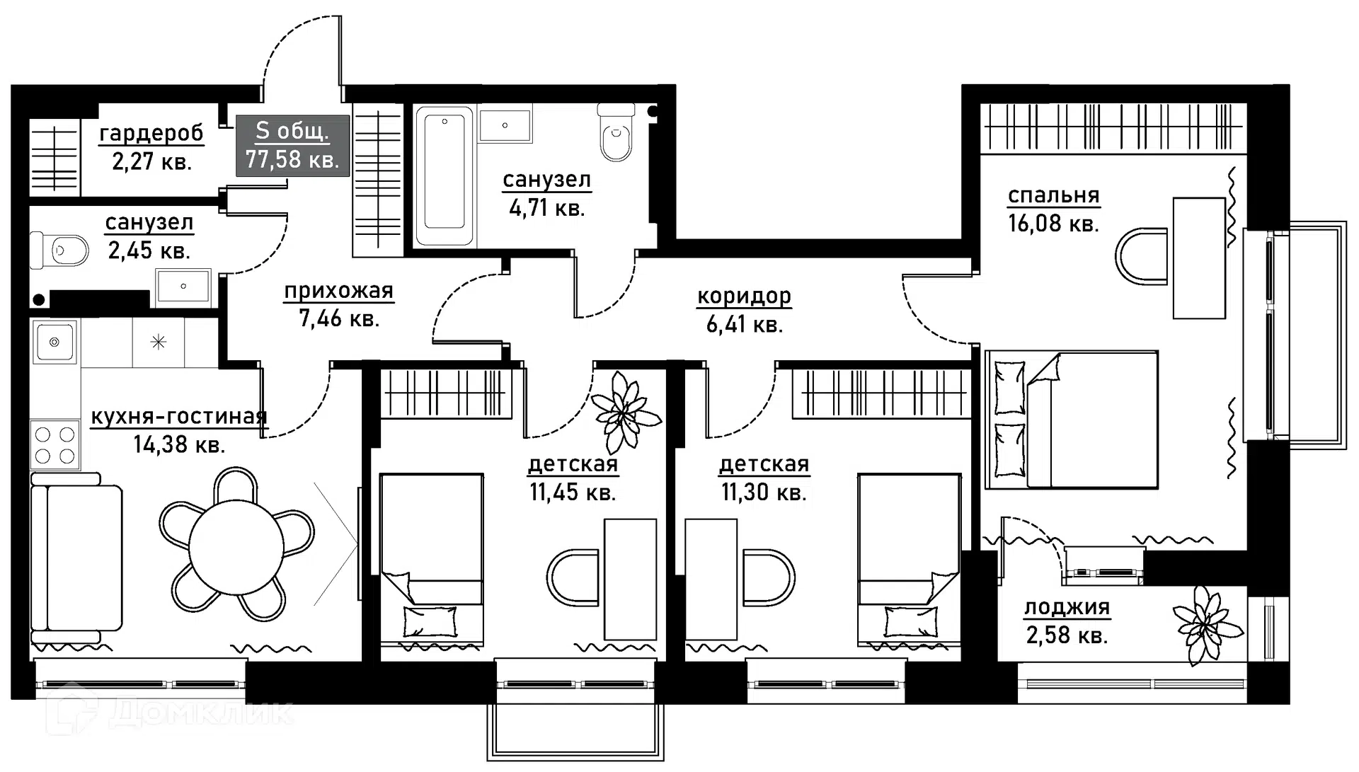 Планировка: 3-комн. квартира 77.58 м² в новостройке ЖК Аура