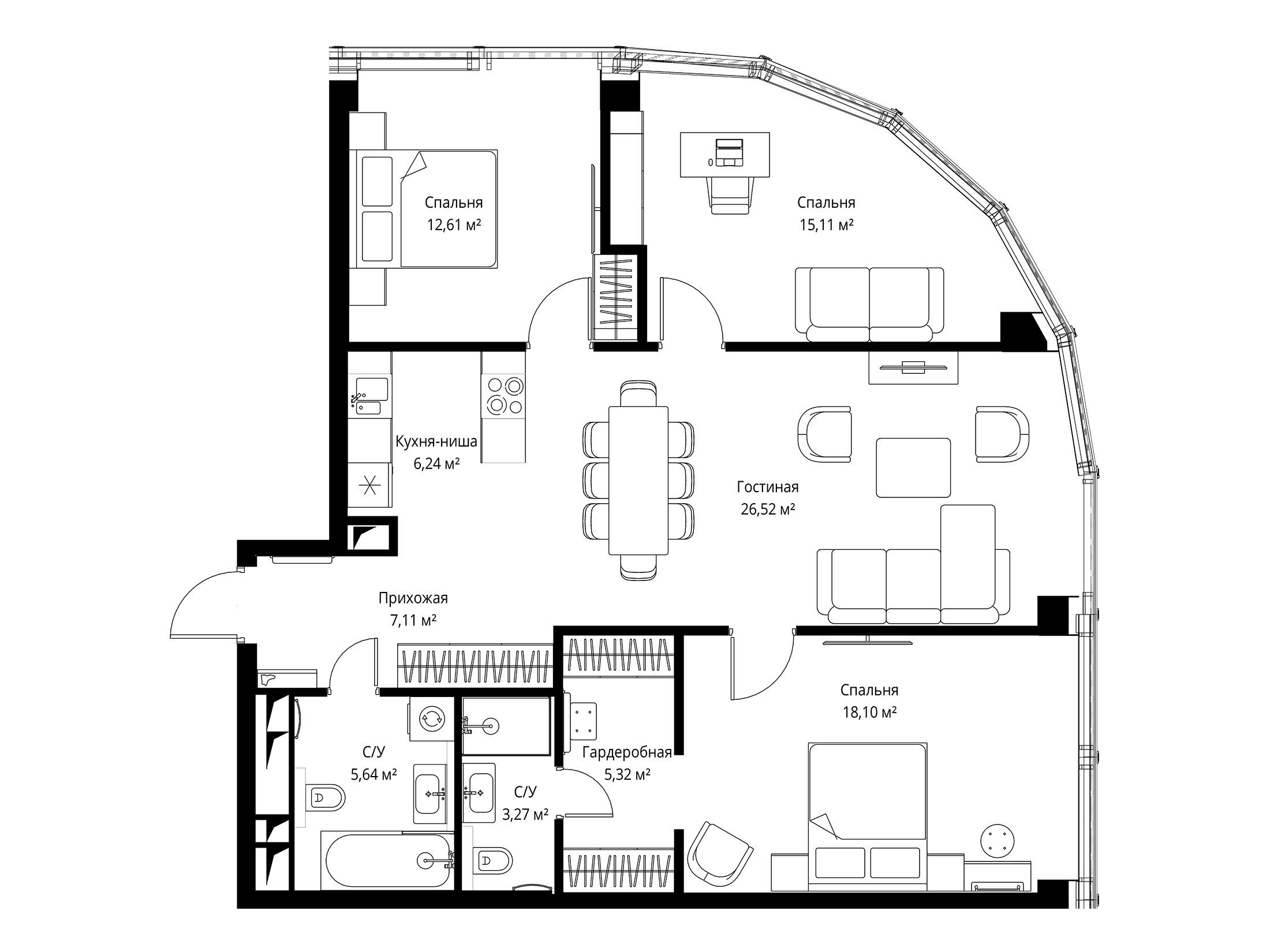 Планировка: 3-комн. квартира 99.50 м² в новостройке ЖК Феймос