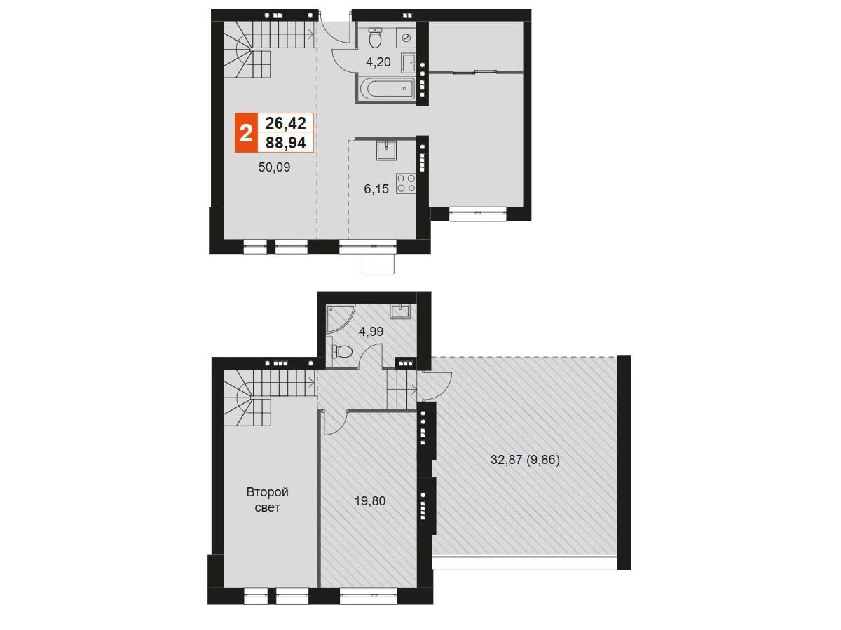 Планировка: 2-комн. квартира 88.94 м² в новостройке Мартемьяново Клаб