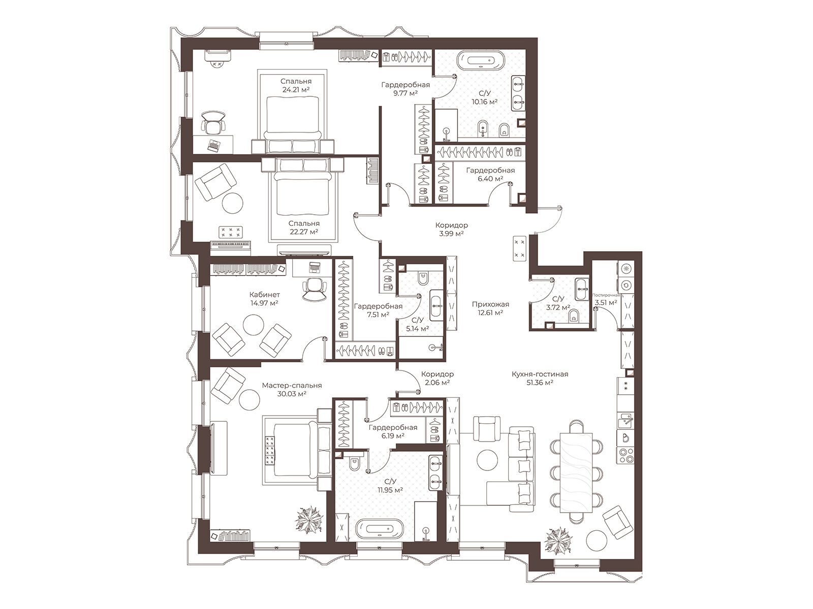 Планировка: 3-комн. квартира 225.85 м² в новостройке Клубный дом Воронцовъ