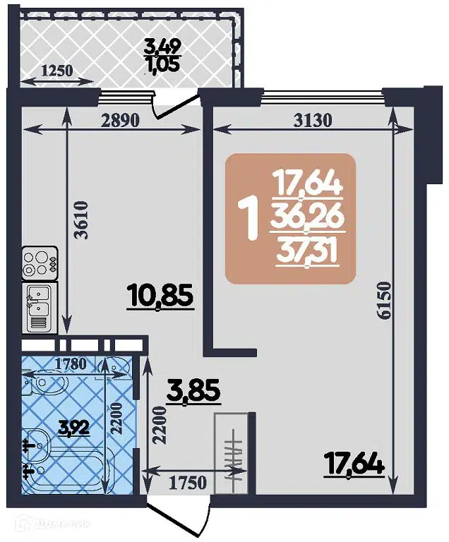Планировка: 1-комн. квартира 37.31 м² в новостройке Ленинградский квартал