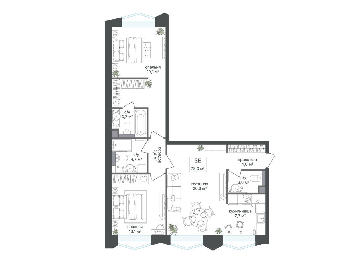 Планировка: 2-комн. квартира 78.00 м² в новостройке Петровский парк II