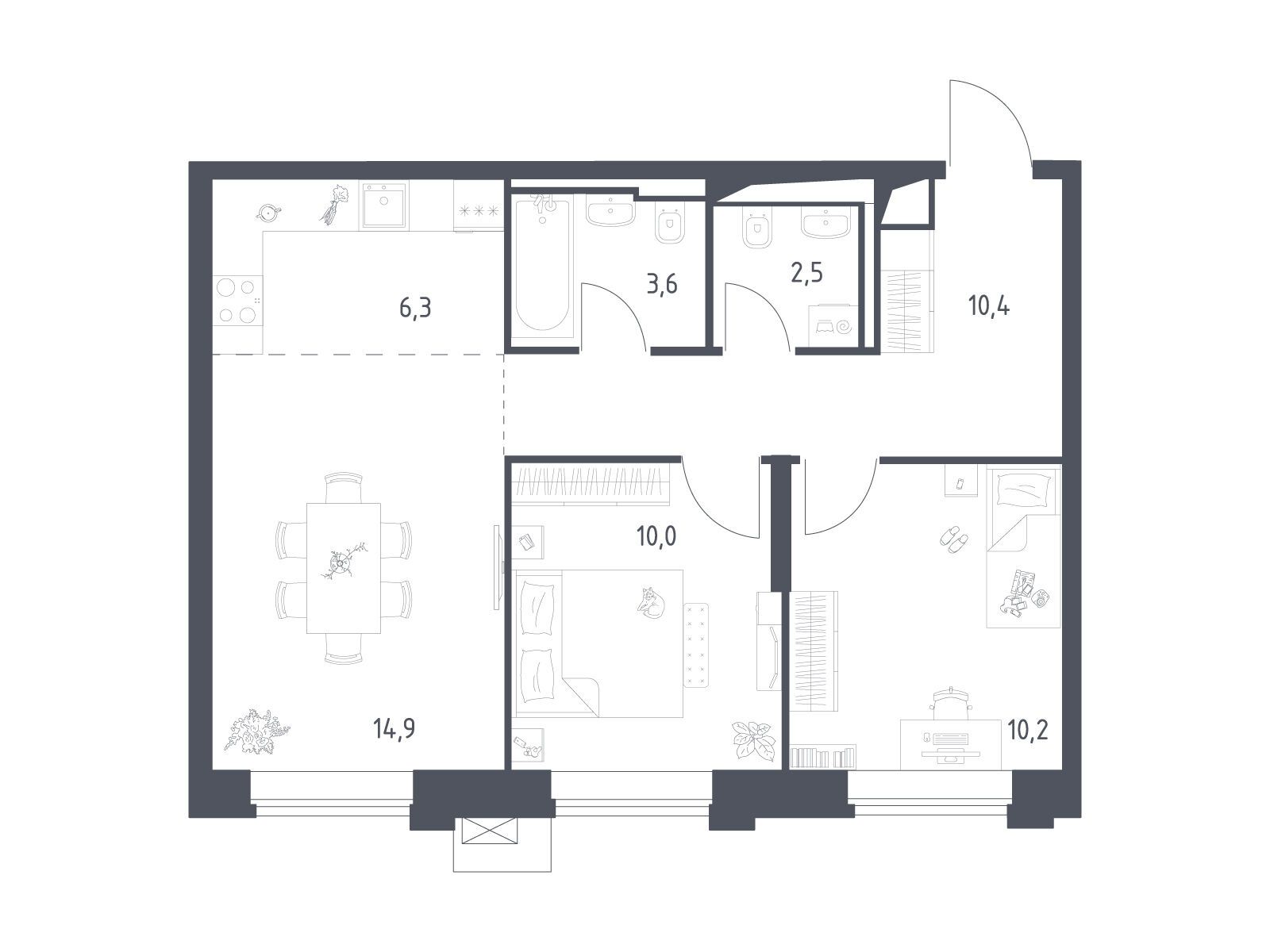 Планировка: 2-комн. квартира 57.91 м² в новостройке Верейская 41