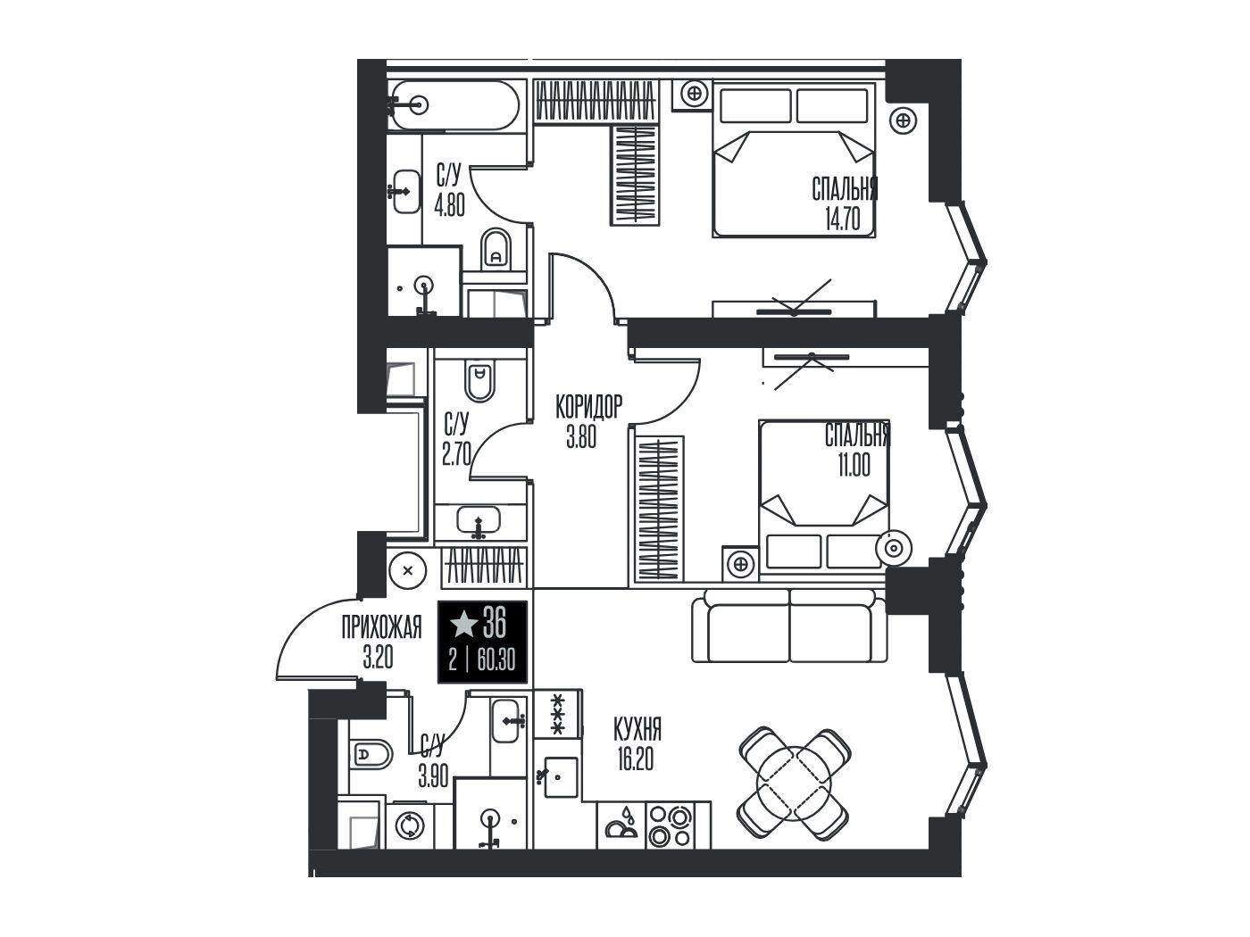 Планировка: 2-комн. квартира 60.30 м² в новостройке ЖК Айс Тауэрс