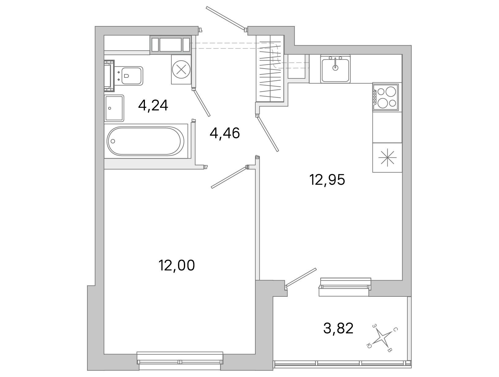 Планировка: 1-комн. квартира 33.65 м² в новостройке Югтаун