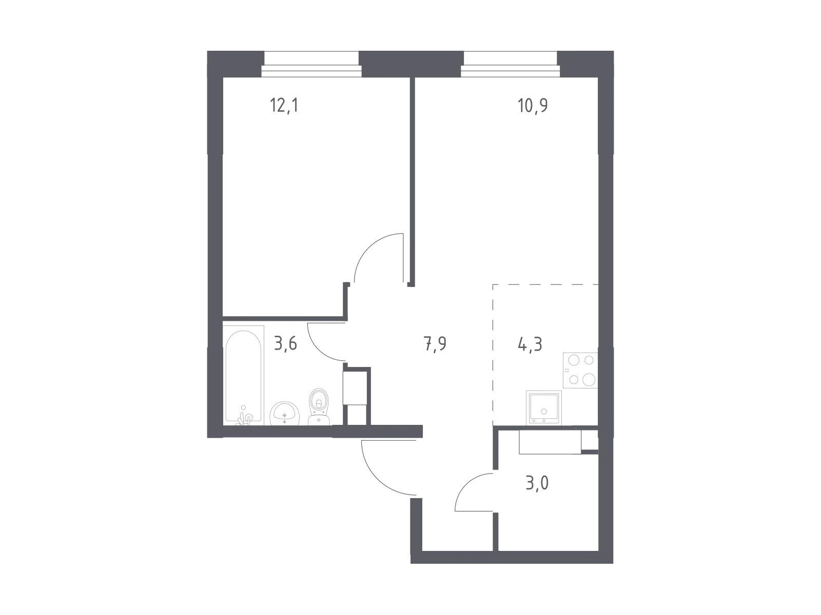Планировка: 1-комн. квартира 40.60 м² в новостройке Эко Бунино