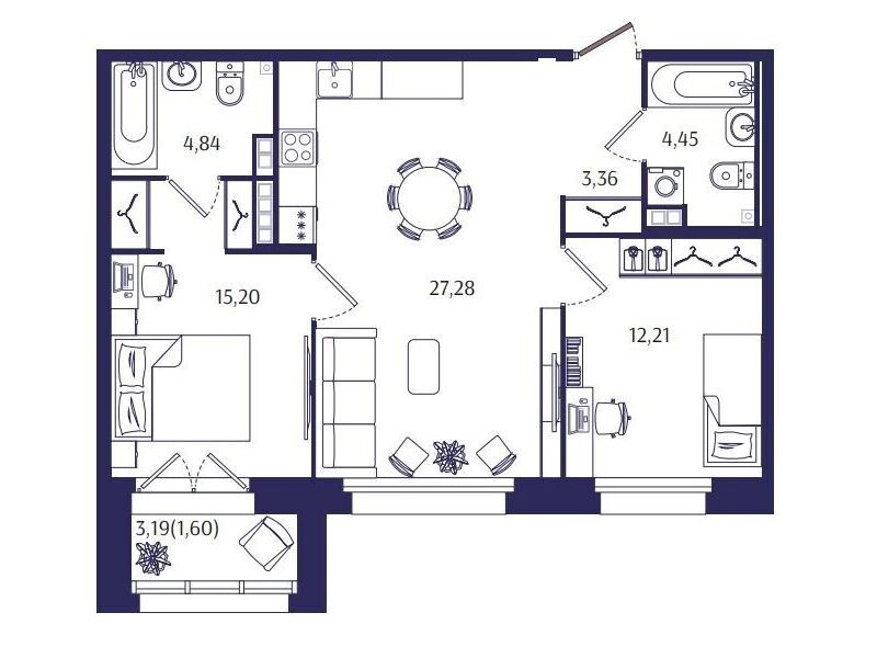 Планировка: 2-комн. квартира 68.94 м² в новостройке Ранта Резиденс