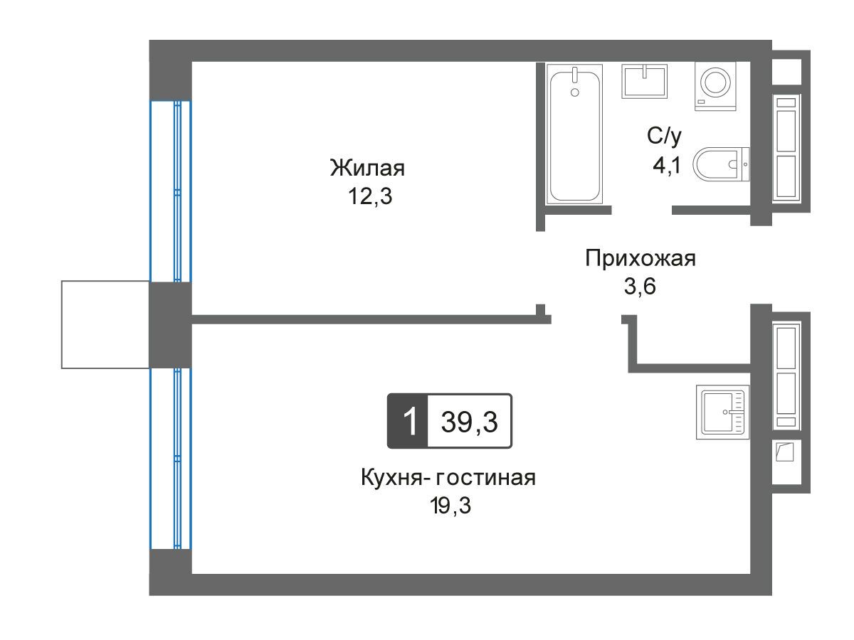 Планировка: 1-комн. квартира 39.30 м² в новостройке Отрада
