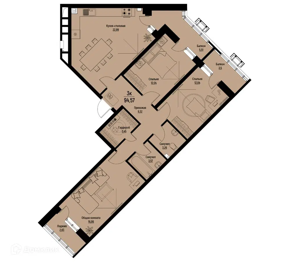 Планировка: 3-комн. квартира 94.57 м² в новостройке Волна