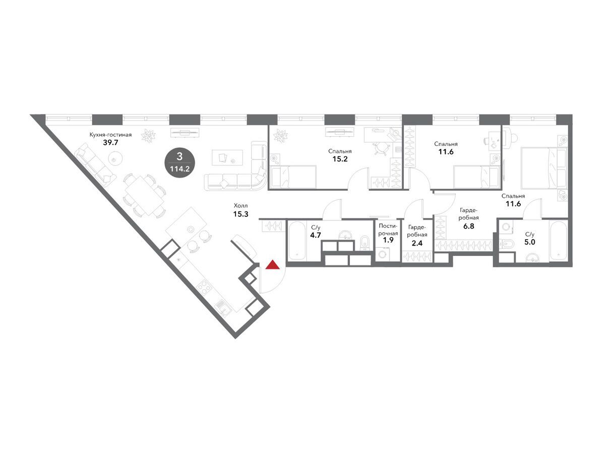 Планировка: 4-комн. квартира 114.40 м² в новостройке Воксхолл