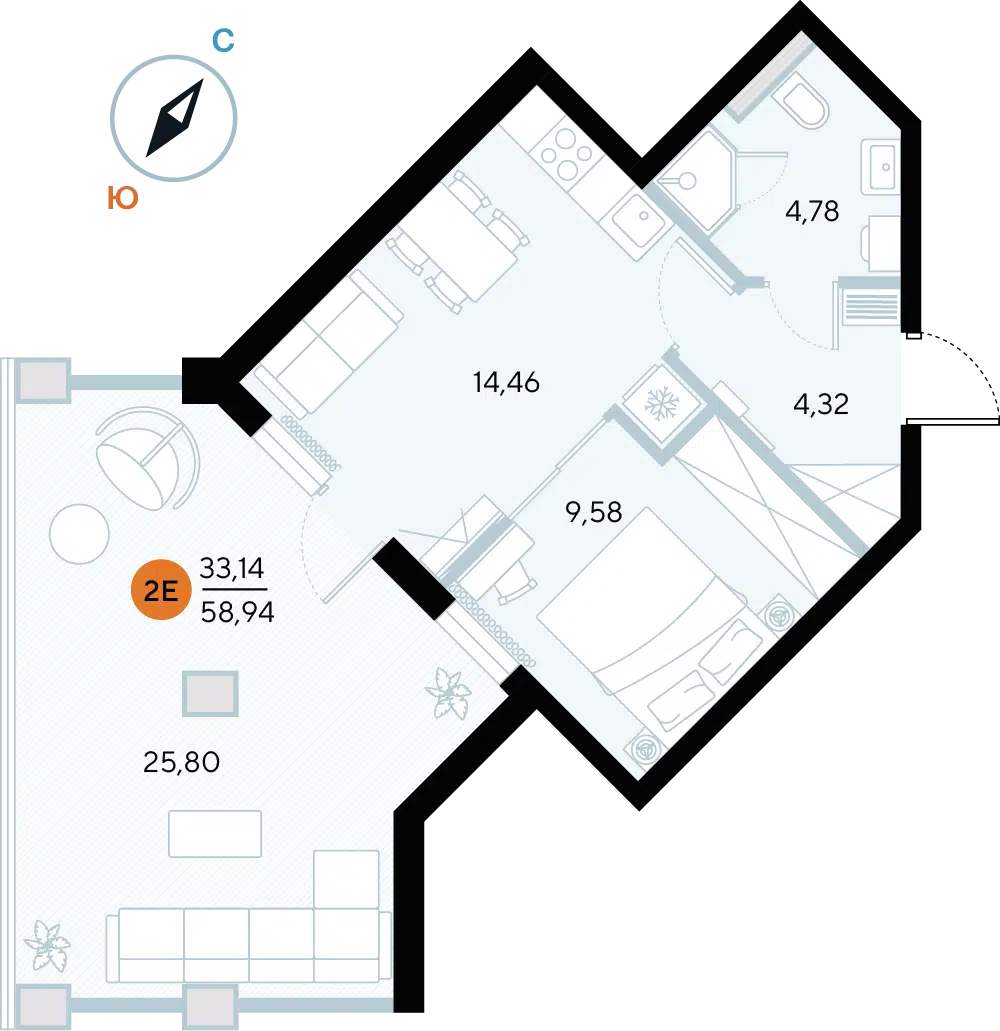Планировка: Студия 58.94 м² в новостройке ЖК Альба дель Маре