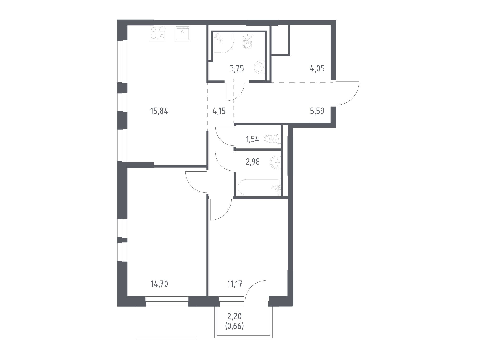 Планировка: 2-комн. квартира 64.43 м² в новостройке Невская долина